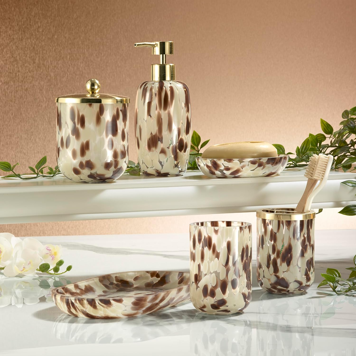 Nicole Miller – Covered Jar, Decorative Glass with Animal Print Design & Gold-Tone Lid, Decorative Storage for Bathroom, Kitchen, Bedroom or Office (Safari)