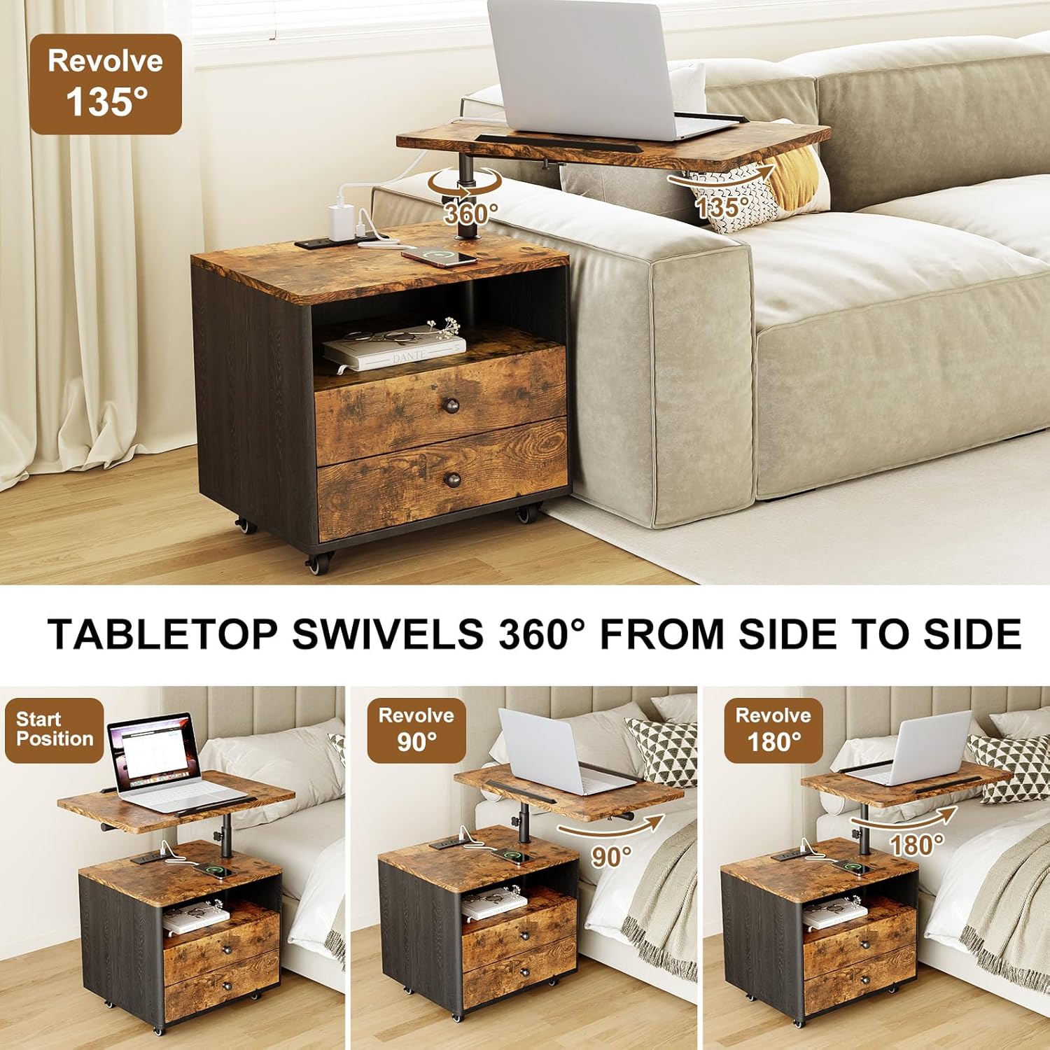 Bedroom Nightstand with Drawers & Charging Station, Adjustable Height Bedside Table with Wheels, Wooden Small Sofa Side Tables with Storage for Living Room, Rustic Brown