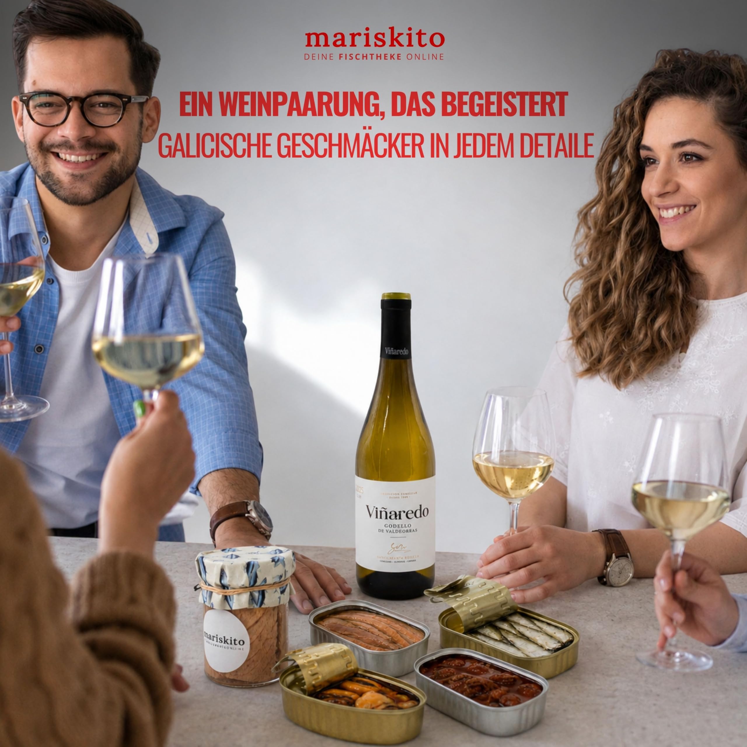 MARISKITO | Gourmet-Geschenkbox – Godello-Wein + 5 galicische Konserven – Delikatessen-Paket: Miesmuscheln, Sardinen, Bunte Kammuschel, Thon,Thunfisch-Bauchfilet – Weihnachtsset, Firmen, Feiergeschenk