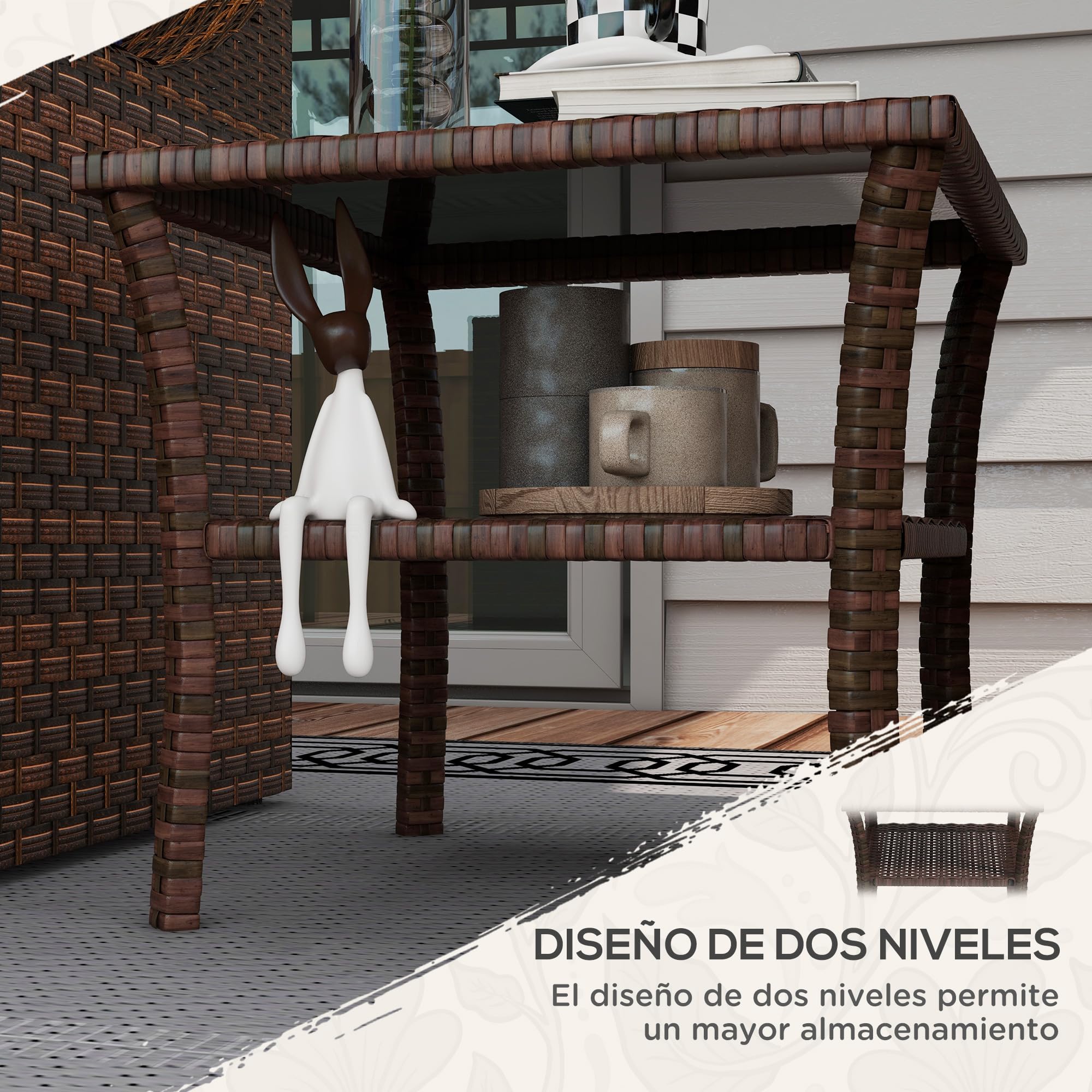 Outsunny Mesa de Ratán Sintético Cuadrada 50x50x45 cm con Estante Marrón | Mesita Exterior Pequeña, Encimera de Vidrio y Marco de Acero, Carga 30 kg, para Terraza Patio