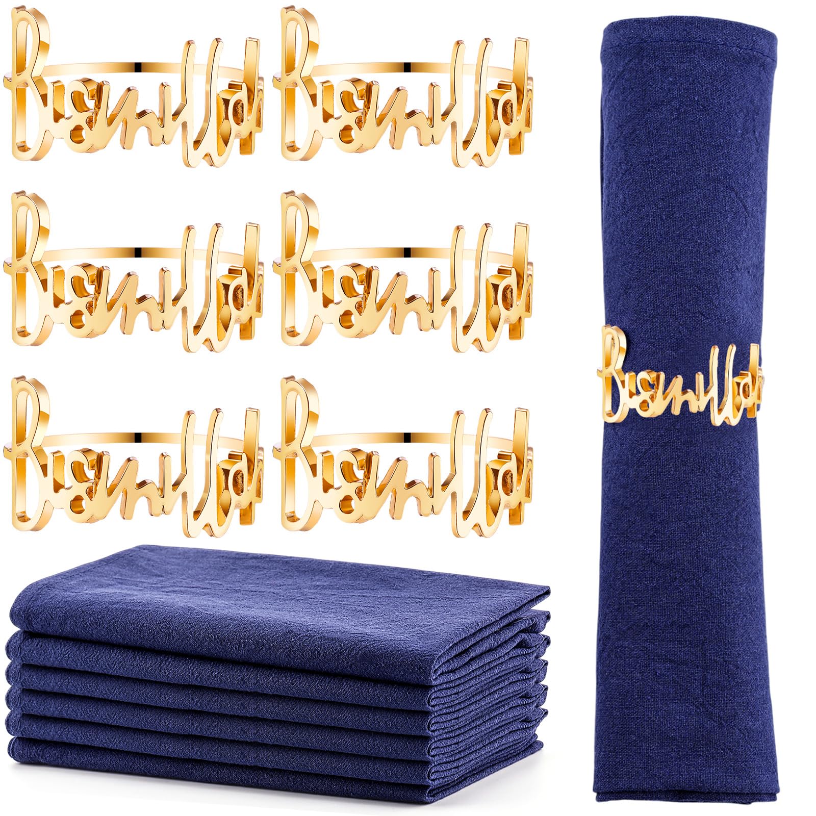 Juego de 6 servilleteros dorados y servilletas de algodón con letras de Bismillah, servilletas de metal, servilletas de tela de cena Eid, decoración de mesa musulmana para fiesta de