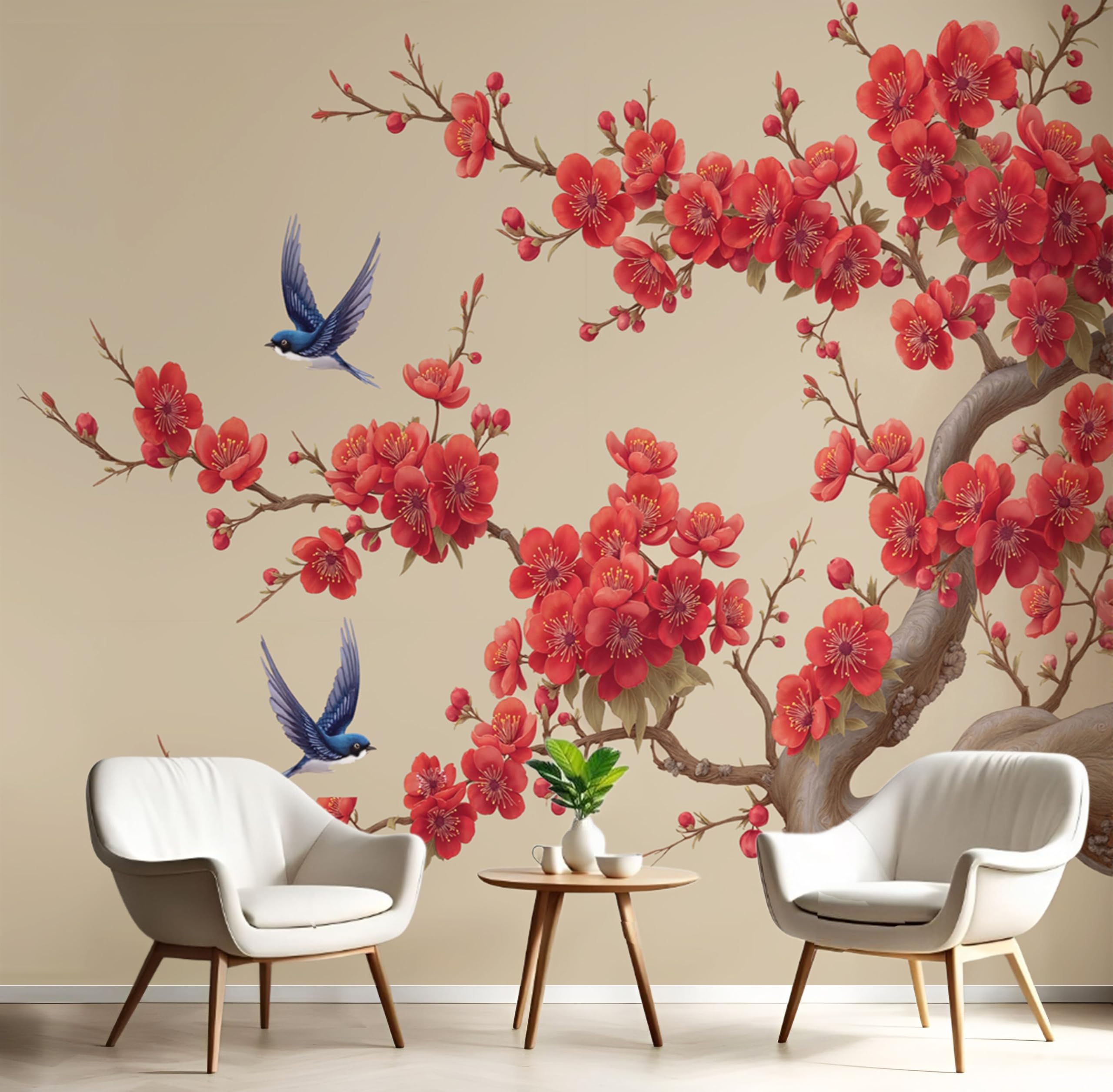 Papier peint hirondelle et fleurs pour un salon zen et nature