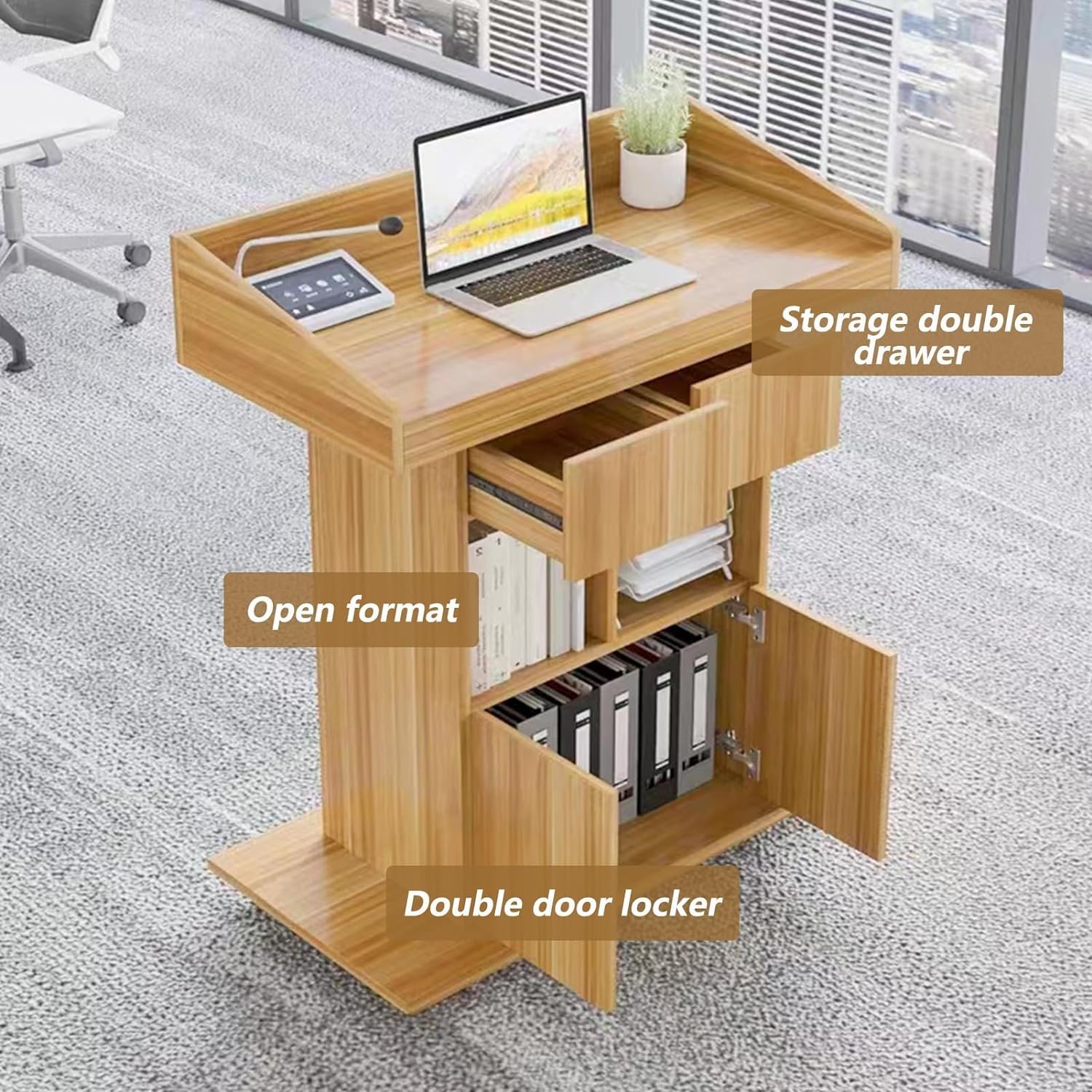 Podio de madera maciza con 2 cajones espaciosos y armario debajo del mostrador, atril de pie para presentaciones, discursos y eventos, diseño duradero y elegante