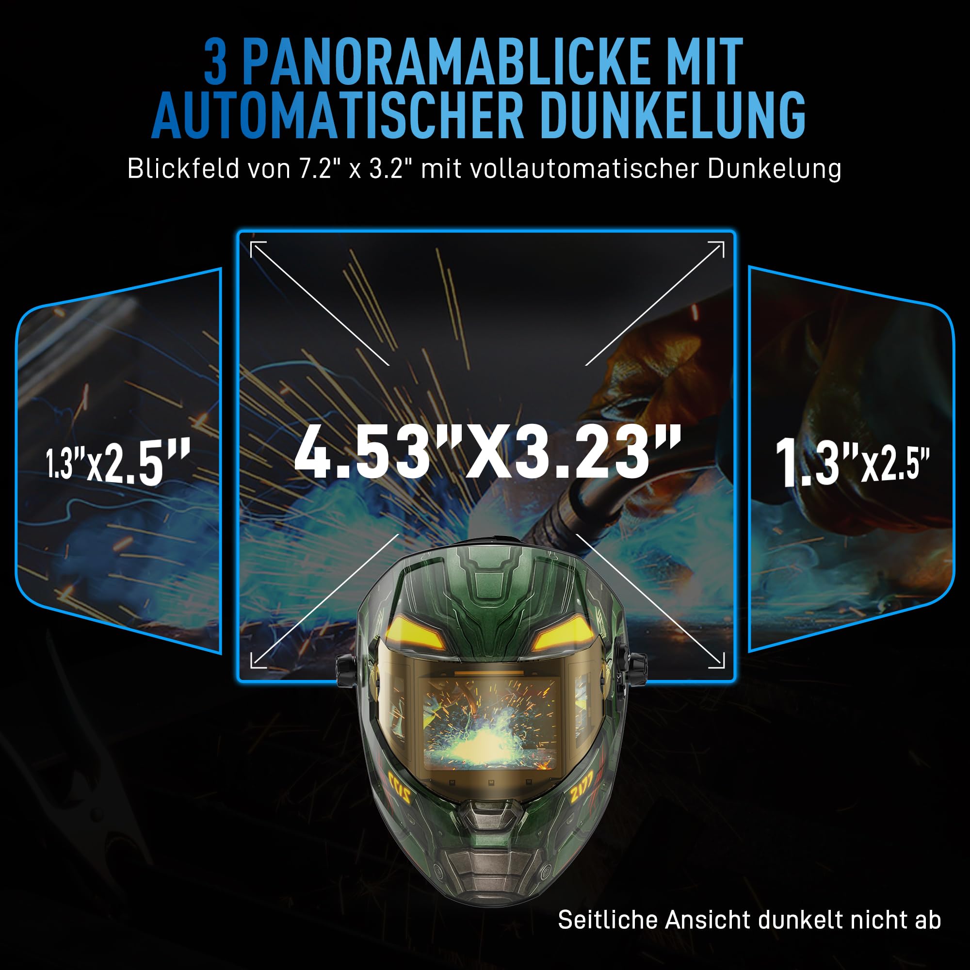 ANDELI Schweißhelm Digital-Linsengruppe, 3-Zonen Automatikdunkelung, 180° Panoramablick 18,2x8,1cm, True Color 1/1/1/1, 5 Sensoren, LCD, USB-C, Speicher with Feuerfeste Schweißerhaube