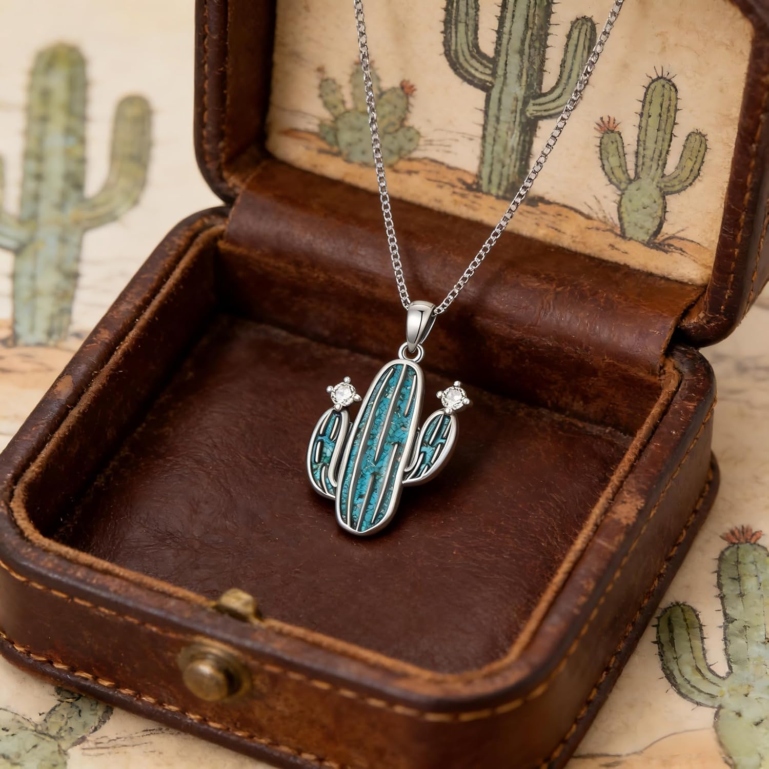 Genuine Turquoise Cactus Necklace,925 Sterling Silver Native American Boho Western Pendant Real Gemstone Jewelry Birthdays Gift for Women Men Nature Lover - Image 6