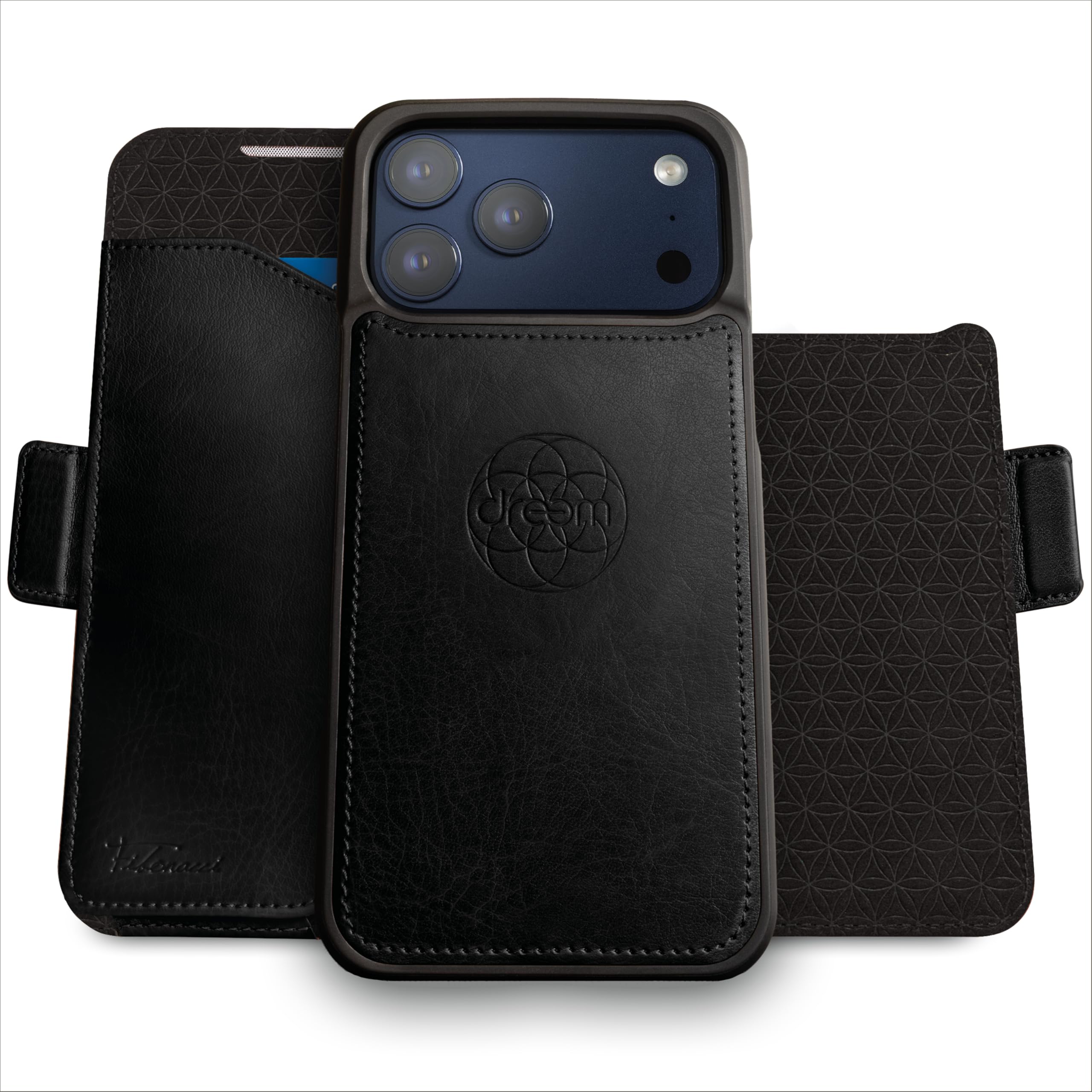 dreem Funda Cartera para iPhone 17 Pro MAX, Soporte revolucionario, Piel Vegana, Compatible con MagSafe, Tapa magnética removible, Bloqueo RFID, Caja de Regalo [Fibonacci:Black]