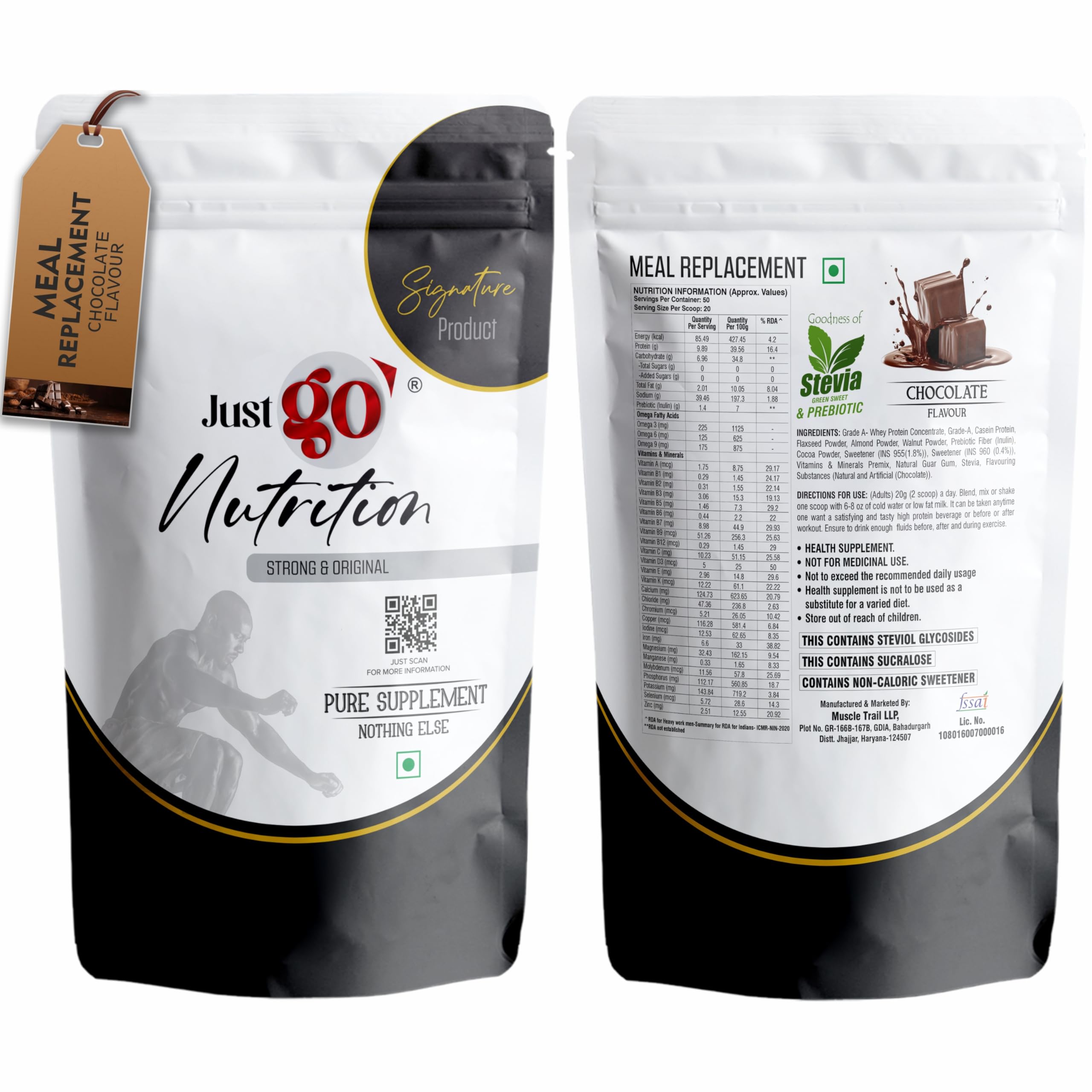 just go nutrition meal replacement powder - 20 servings | 20g in each | 400gm | convenient and flavorful meal replacement powder for men and women (imported ingredients) (chocolate)