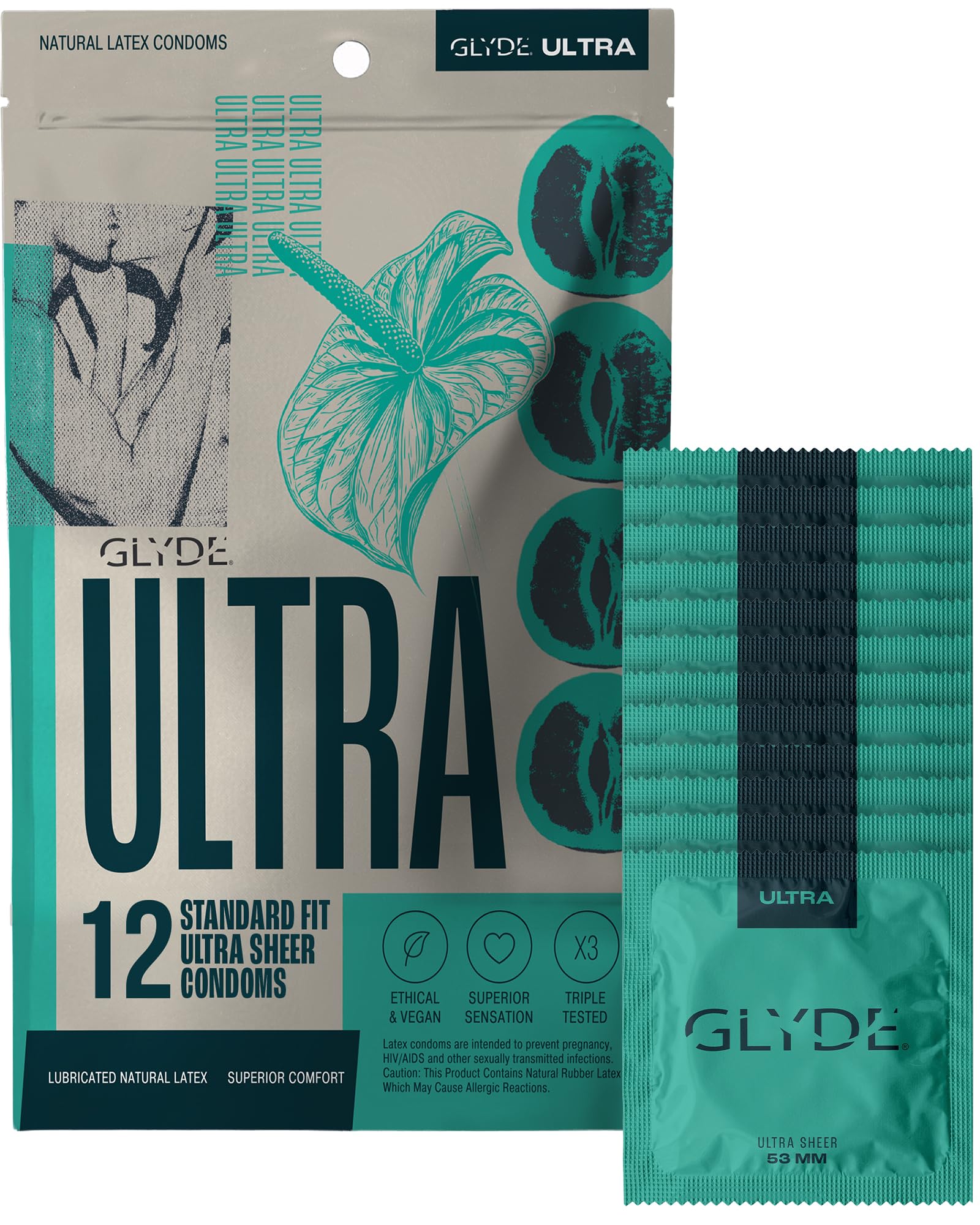 GLYDE Ultra Standard Fit Condoms - Ultra-Thin Medium Size - 12 Count, 53mm