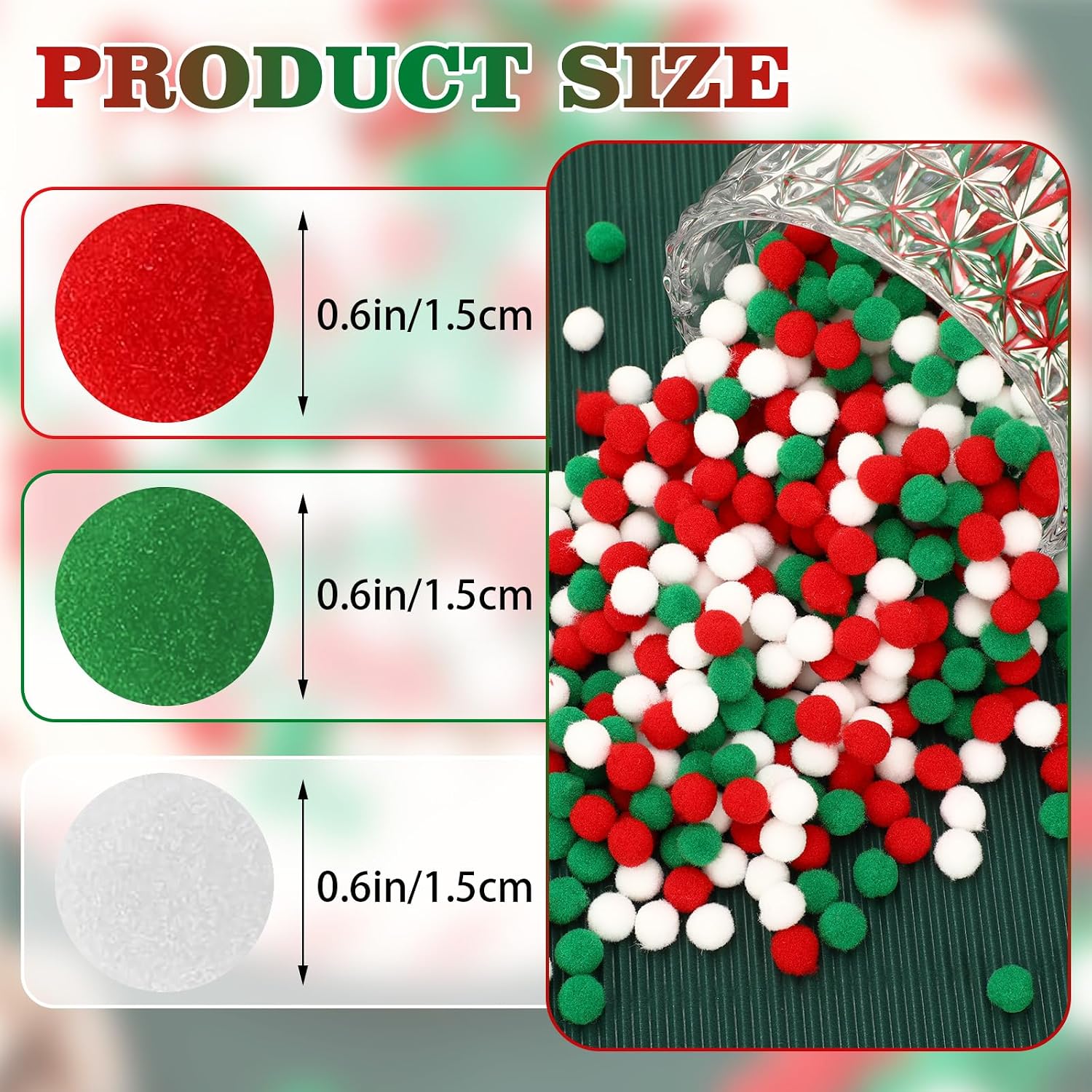 SEPGLITTER Christmas Pom Poms Balls, 600 Pieces Red Green White Pompoms Pom Poms for Crafts Making DIY Holiday Christmas Decorations Supplies (3colors, 1.5 cm )