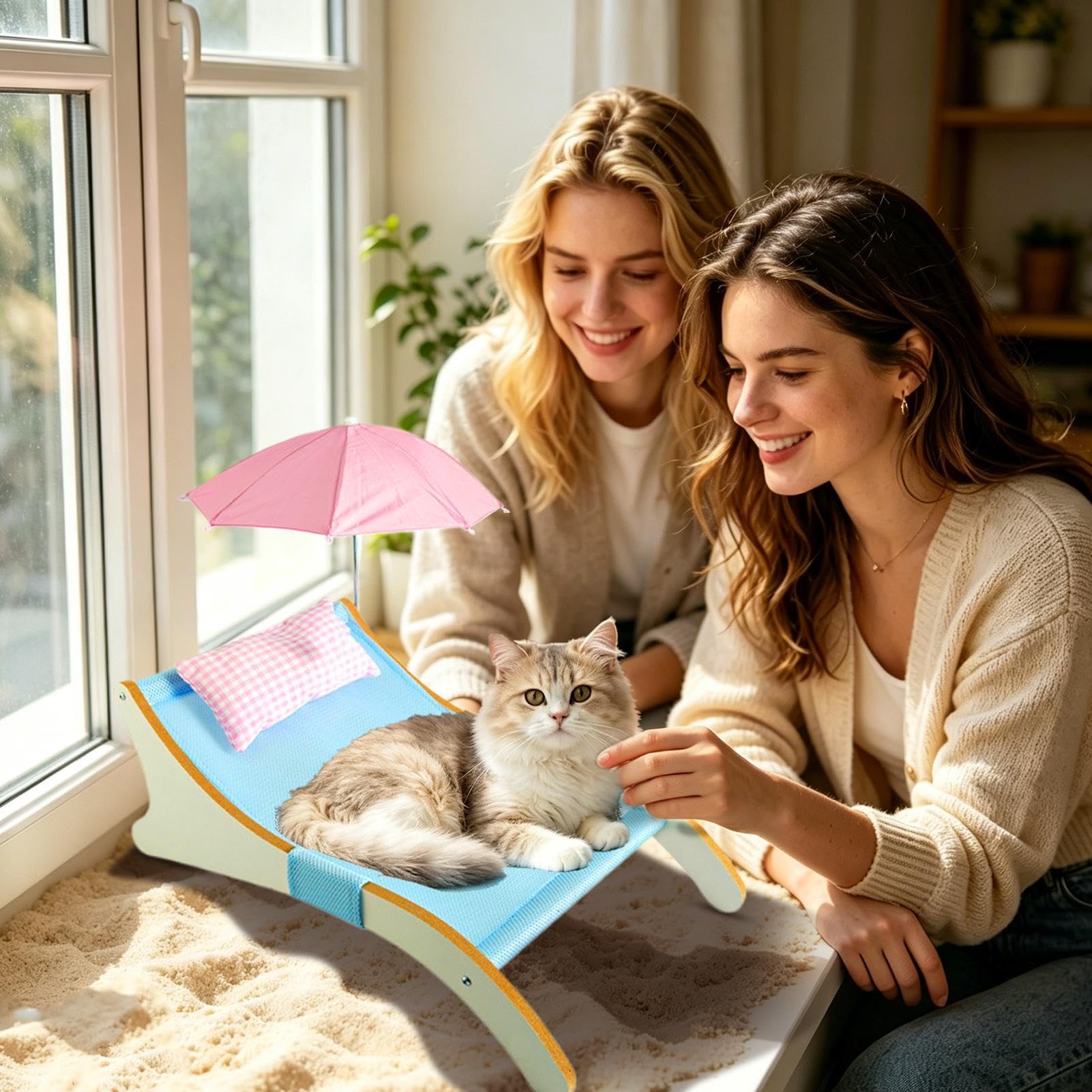 Generisch Katzenliege Tier-Hängematte mit Kratzbrett sowie Sonnenschutz | Outdoor Katzen Liegebett Für Draußen Für Tiere unter 8 Kilogramm Wohnzimmer, Balkon, Terrasse, Hinterhof, zum Sonnenbaden