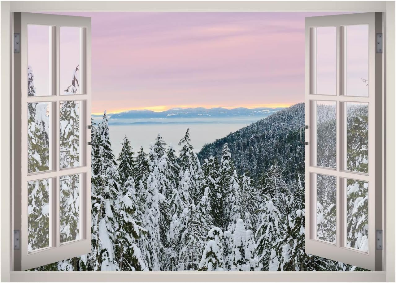 Snow Winter Trees Landscape Window 3D Wall Decal Art Removable Wallpaper Mural Sticker Vinyl Home Decor West Mountain™ W36 (Medium (32''W x 23''H))