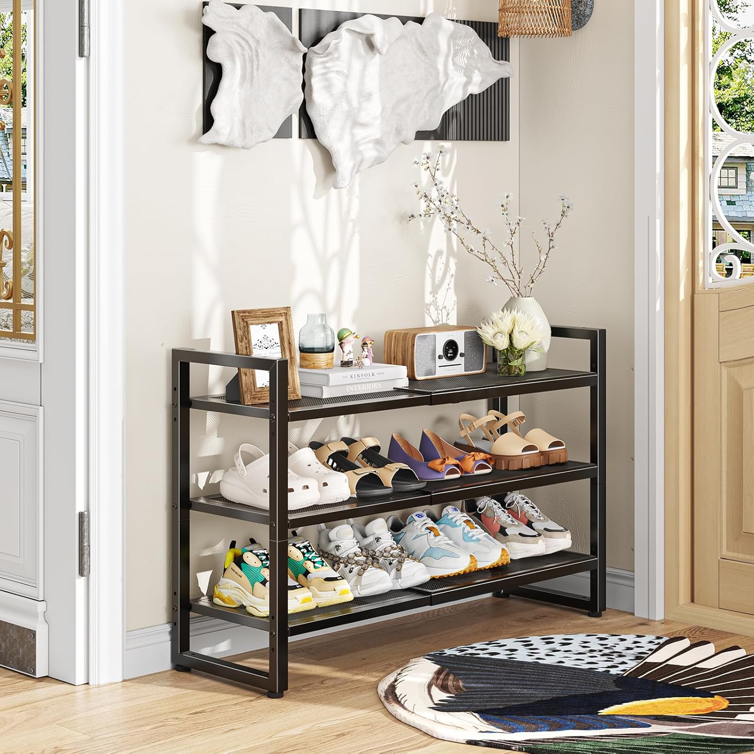 Simple Trending 3-Tier Expandable Shoe Rack, Adjustable & Stackable Shoe Organizer, Metal Mesh Free Standing Shoe Shelf Storage for Closet Entryway Doorway, Black