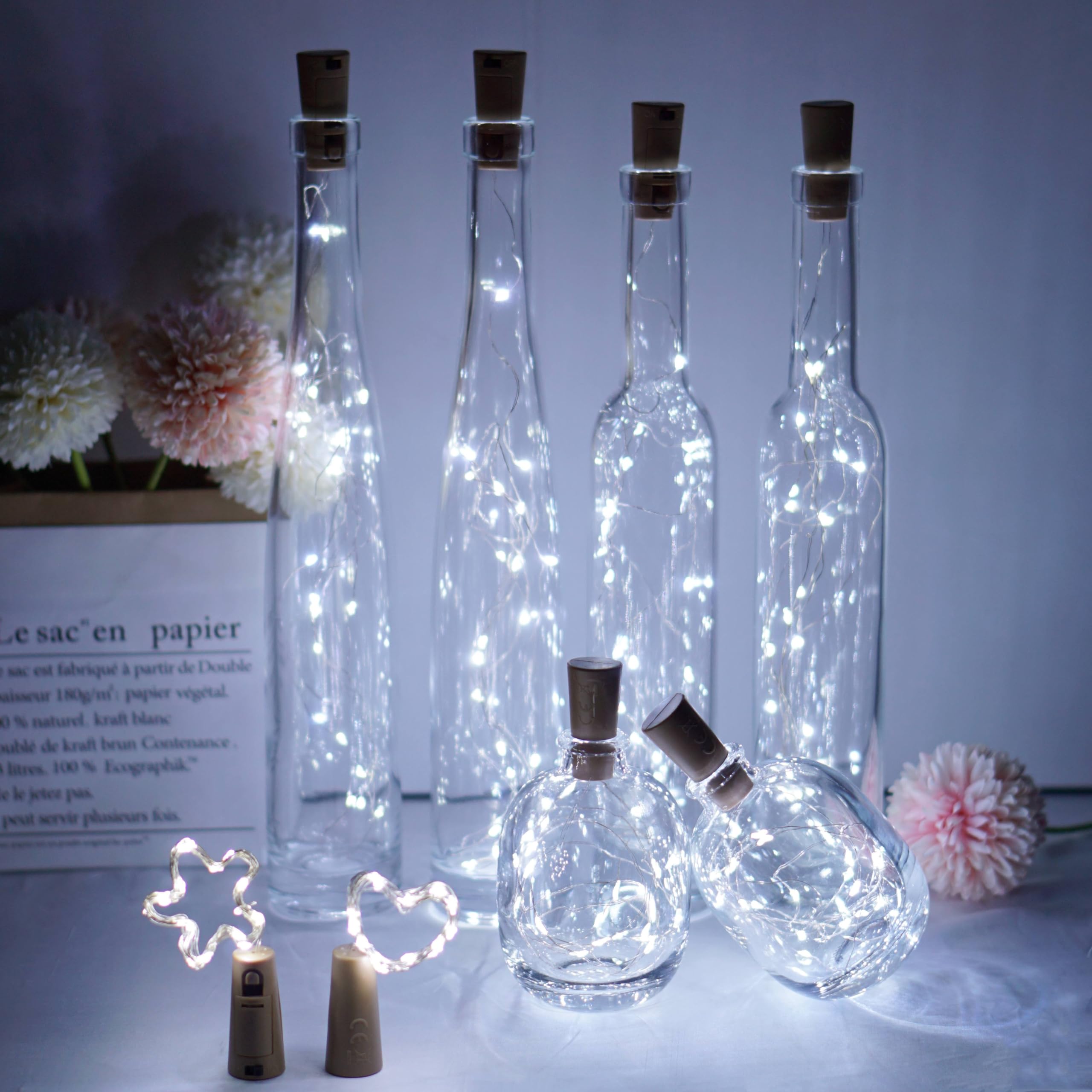 Guirlande lumineuse 20 LED en liège étanche à piles (incluses) pour décoration d'intérieur, chambre à coucher, fête, mariage, Noël (blanc froid)