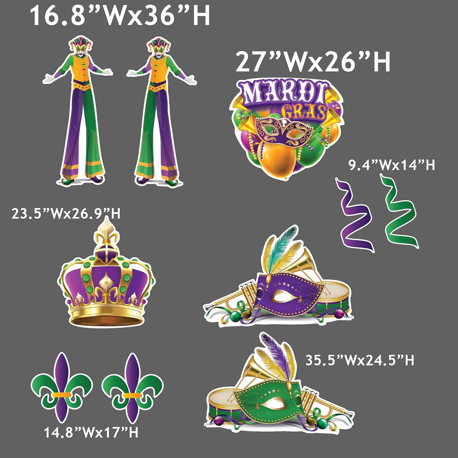 VictoryStore Jumbo Mardi Gras Yard Signs with Stakes, 36 Inch High Jesters, 10 Piece Set, Masquerade Party Lawn Decorations, 20053
