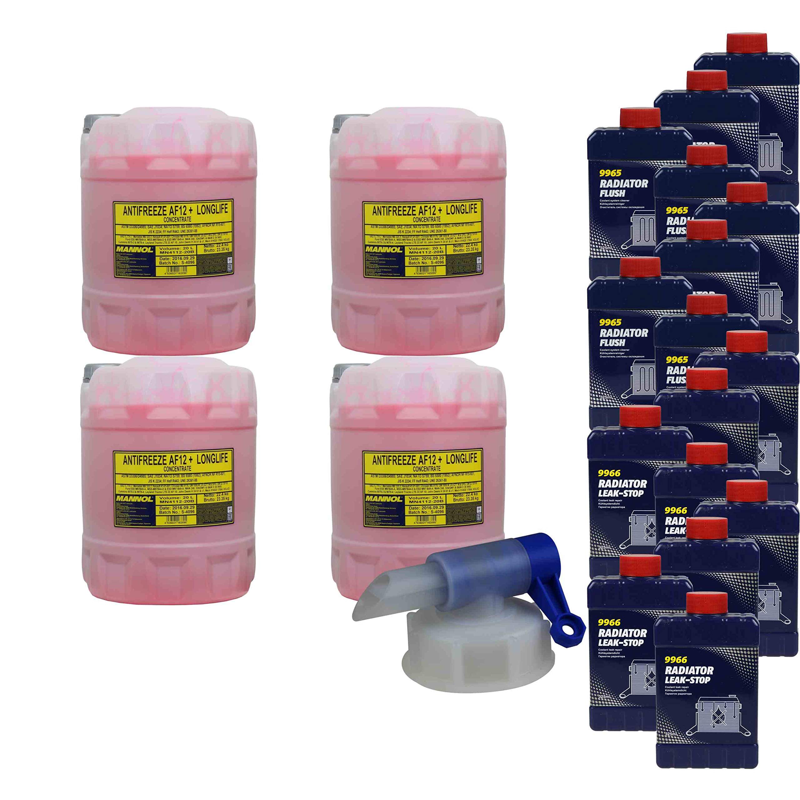 80L MANNOL Kühlerfrostschutz Antifreeze AF12+ + 8xRadiator Leak-Stop Flush