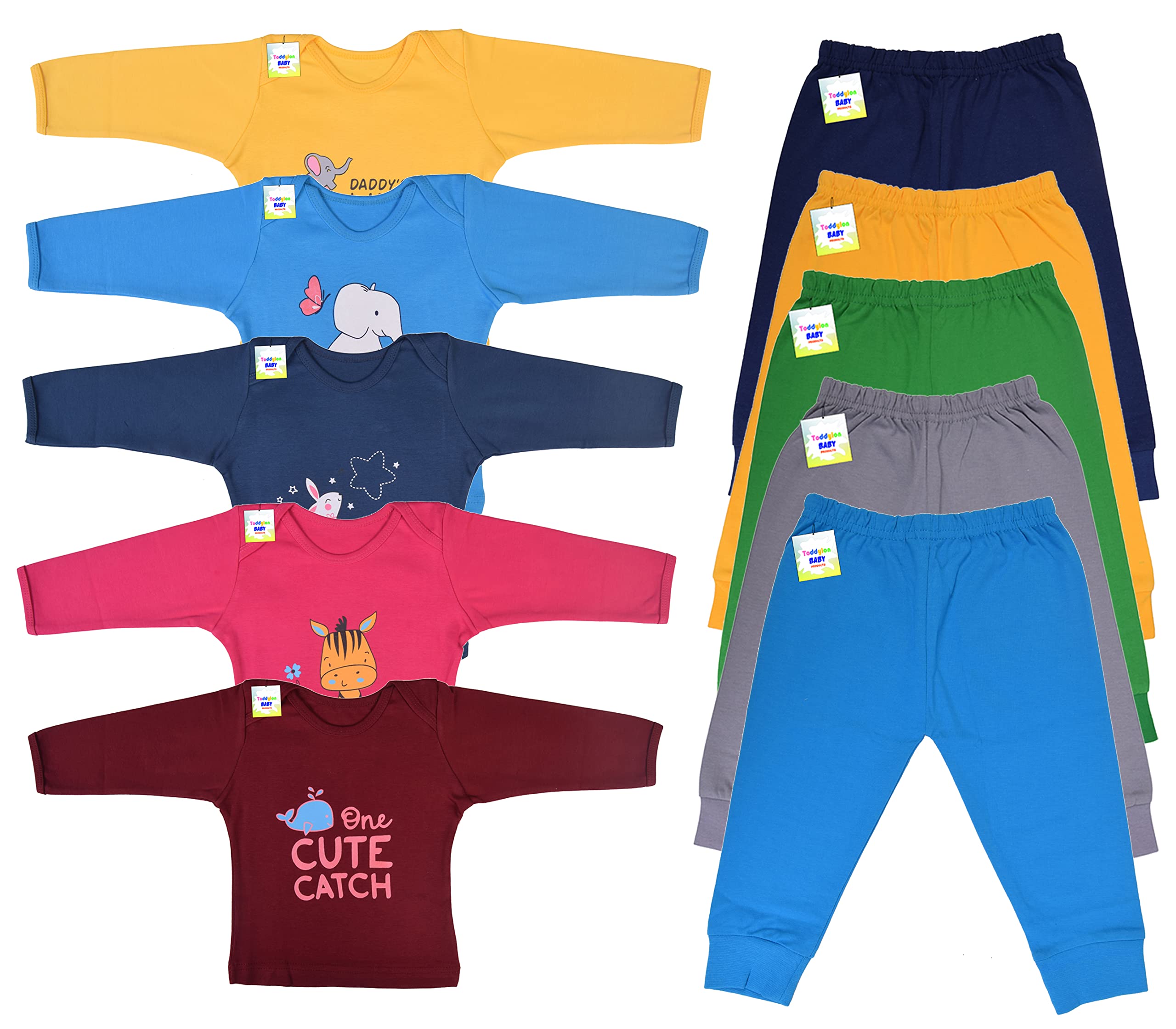 ToddylonToddylon New Born Baby Clothes T-Shirts Pyjama Set | Girls Dress | Baby Boys' Clothing Sets | Cotton | Full Sleeve Tees with Jogger | Sweatshirts & Pants | Gift Combo (Pack of 5) (0-6 Months)