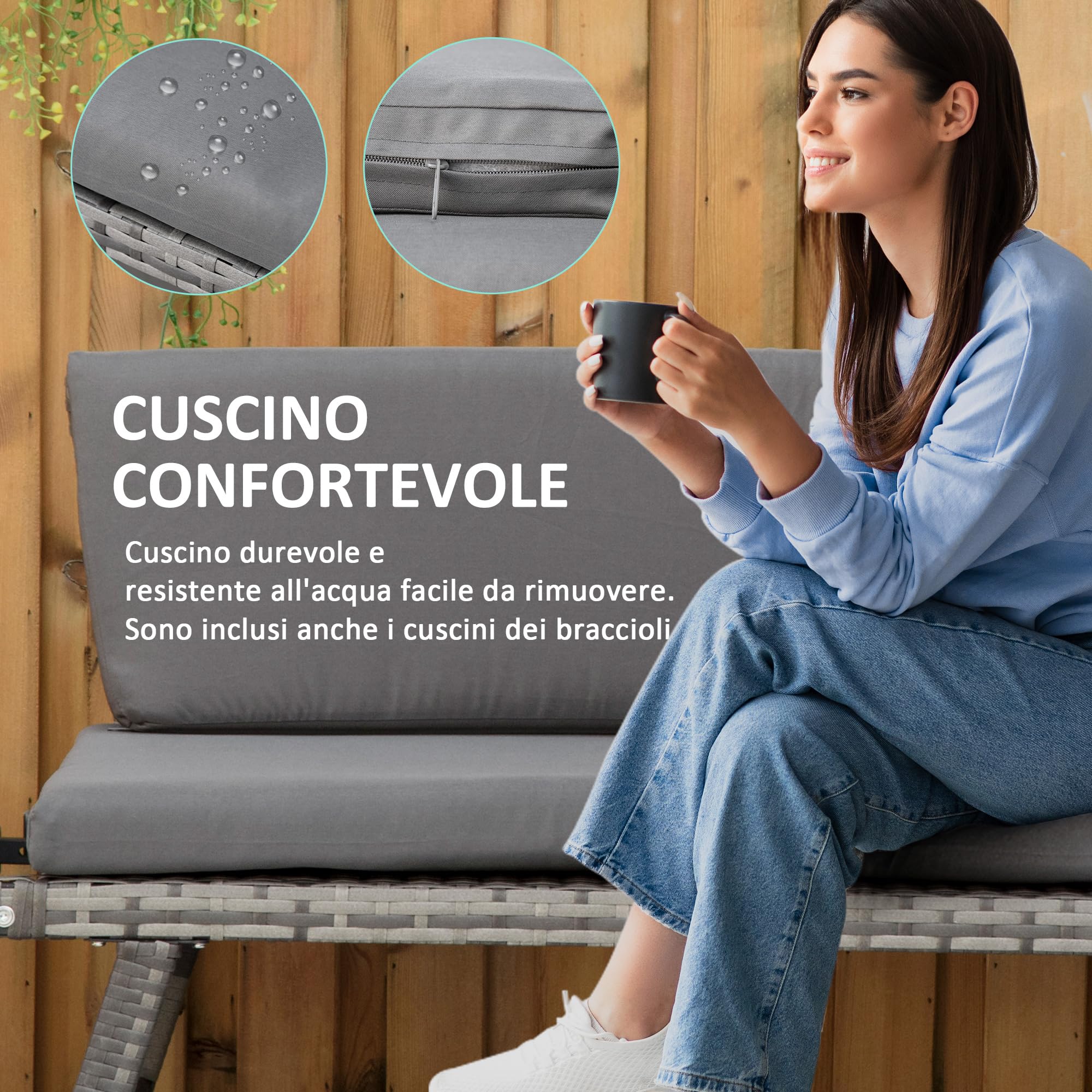 Outsunny Divano 2 Posti con Braccioli Estensibili da Giardino Rattan 129x63x67cm Grigio