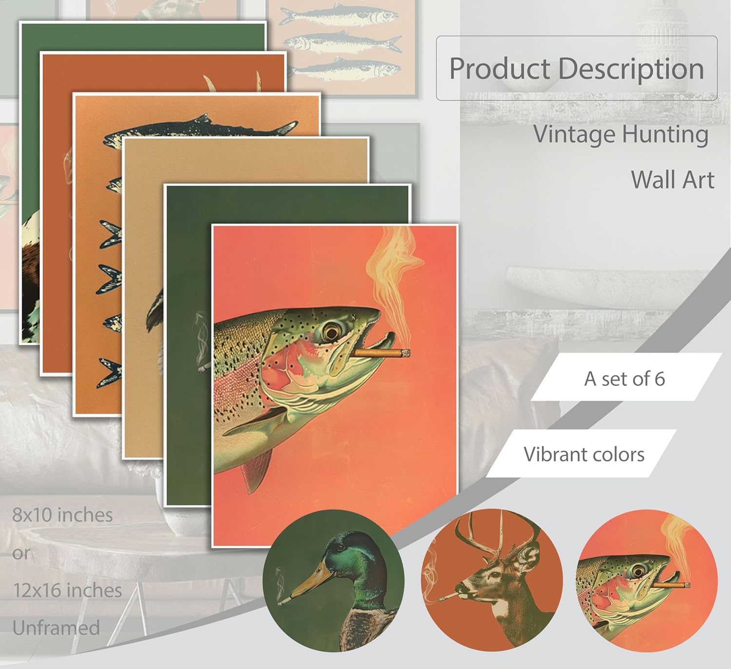 6pcs Vintage Hunting Wall Art Mallard Duck Deer Posters Prints Wild Animal Canvas Wall Decor Rustic Hunting Dog Fishing Painting Pictures for Hunter Living Room Bedroom Decoration Unframed