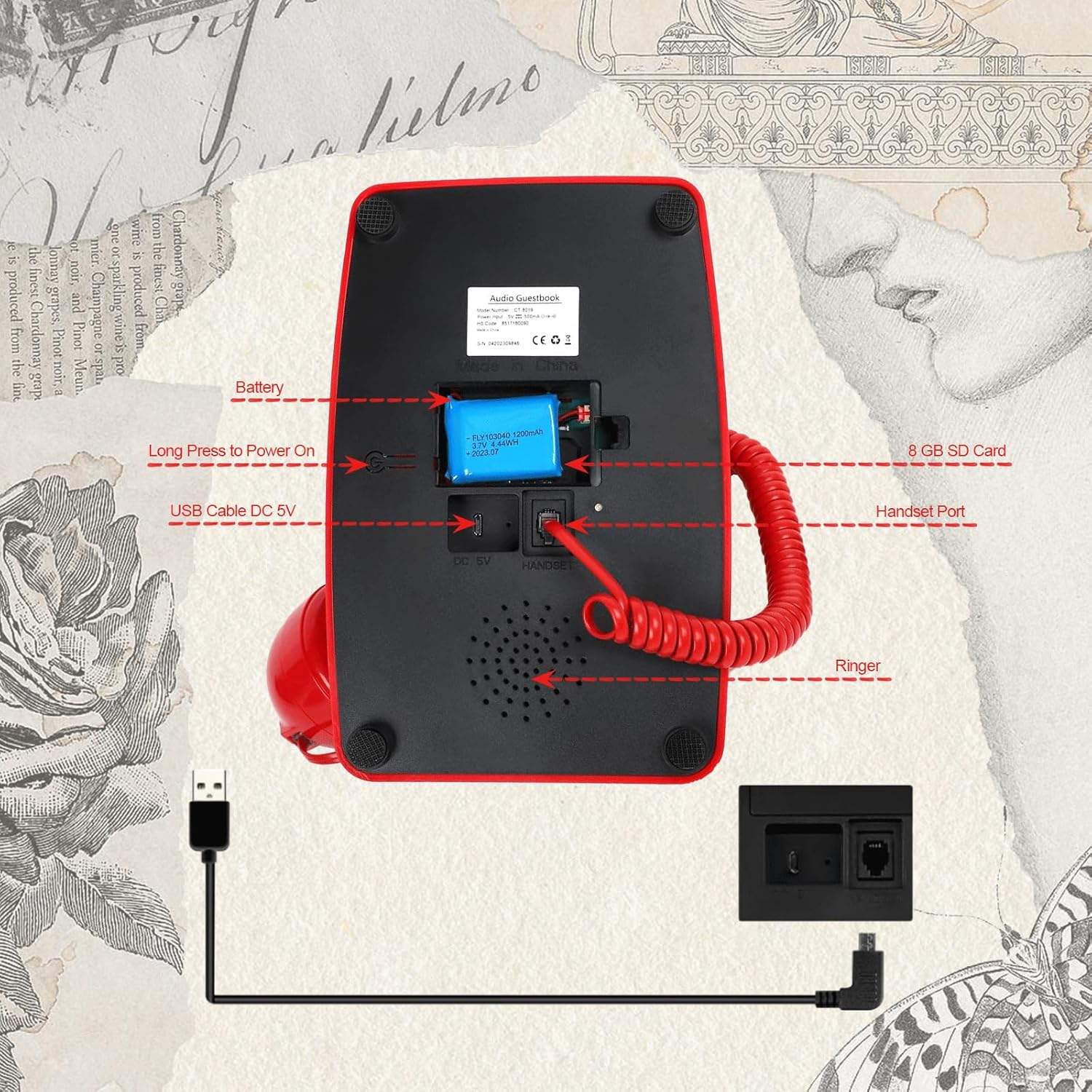 Bottom view of the Audio Guest Book showing battery, SD card slot, USB port, and handset port