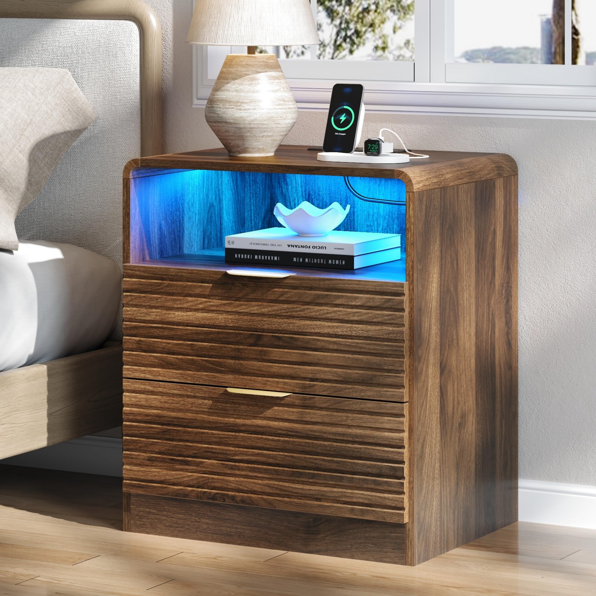 Fluted Nightstand with Charging Station, Walnut Bedside Table with LED Lights, Night Stand with Drawer and Storage, Wood End Table Modern Large Nightstands with Open Storage for Bedroom, Living Room