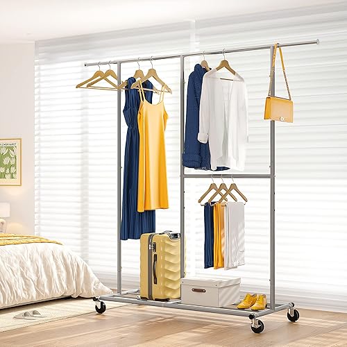Miniatura 7 de Raybee Perchero de ropa de metal resistente de 405 libras para colgar ropa, portátil, plegable, con ruedas, 72 pulgadas de alto, color plateado