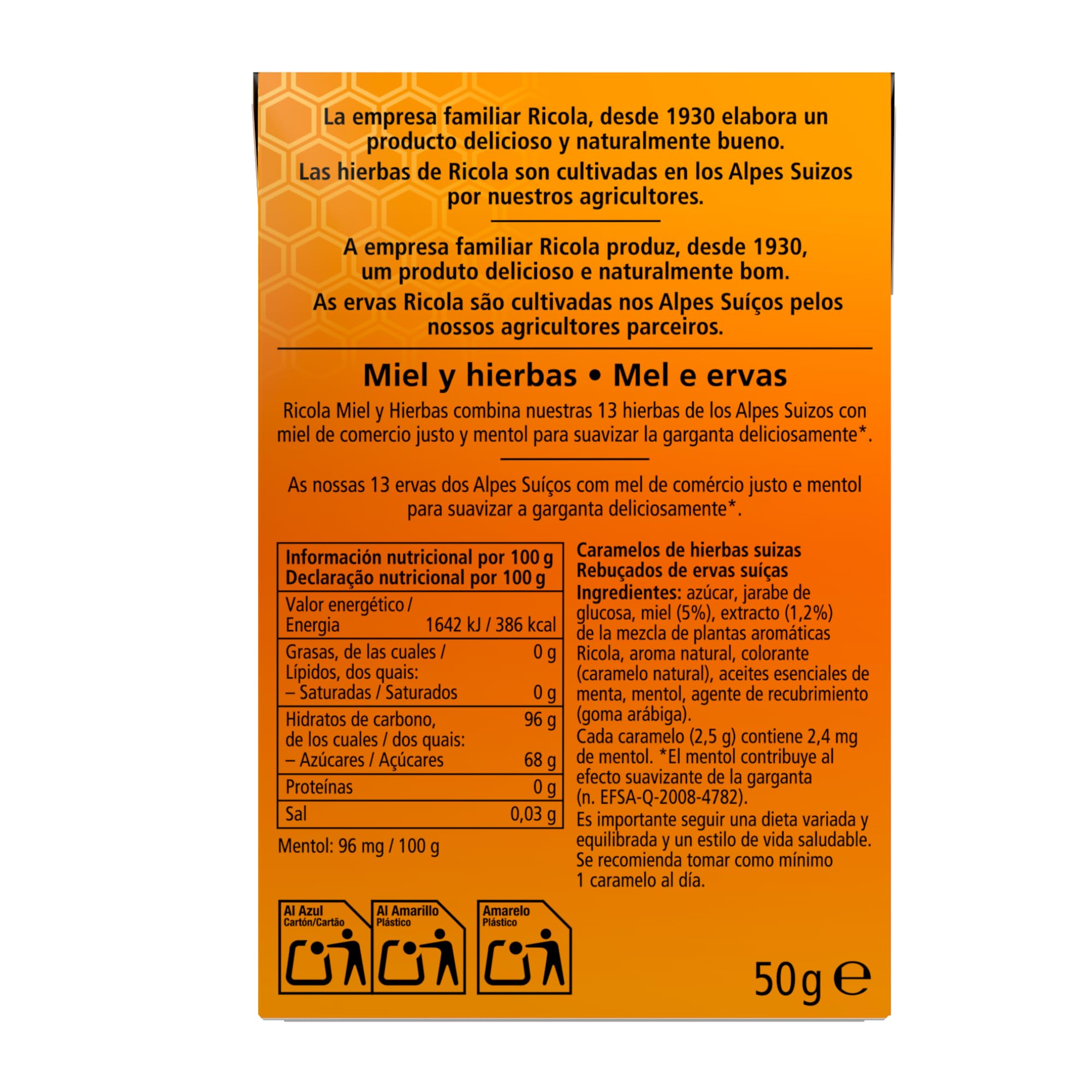 Ricola – Miel y Hierbas, Caramelos Duros, Refresca y Alivia la Garganta y las Vías Respiratorias, con Miel y Mentol, 13 Hierbas Suizas y Aceites Esenciales - Caja 50 g