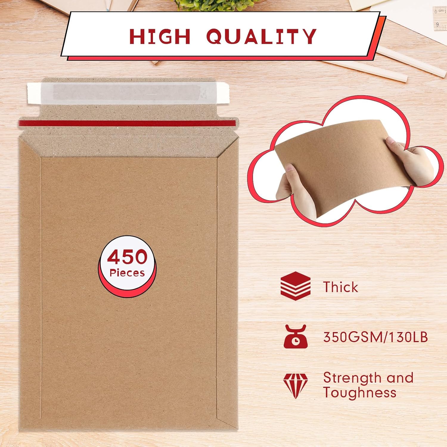 Fainne 450 Pieces 6x8 Rigid Photo Mailers, 350gsm Keep Flat Cardboard Shipping Envelopes with Self Adhesive for Photos, Documents, Prints, CDs, Small Business Mailing