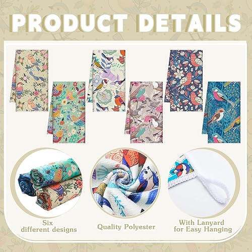 Miniatura 3 de Redbaker Juego de 6 paños de cocina de verano con diseño floral de pájaros, juego decorativo absorbente de flores, paños de mano, regalos para