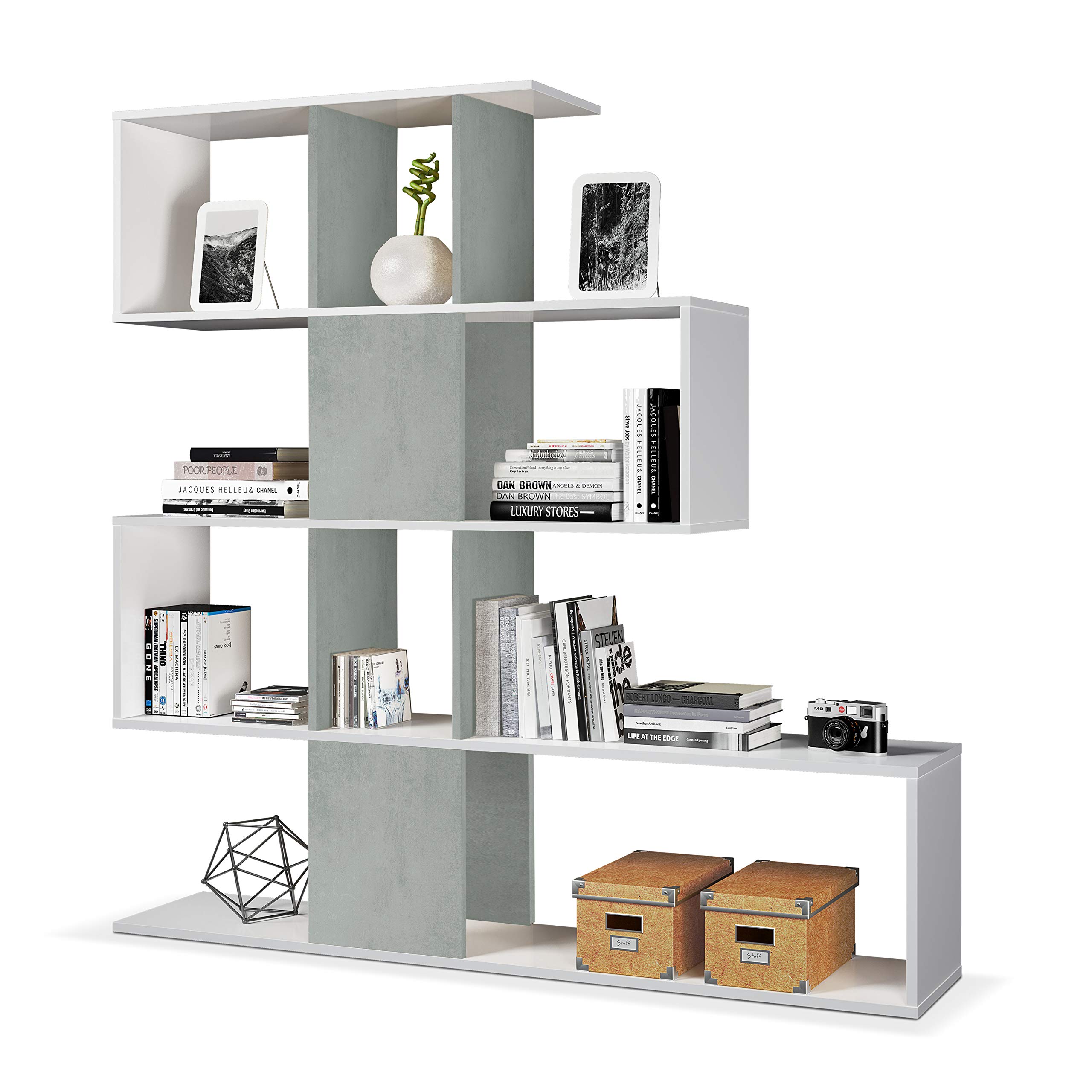 Habitdesign Estantería Librería, Salón, Comedor o Despacho, Modelo Zig-Zag, Acabado en Blanco Artik y Gris Cemento, Medidas: 145 cm (Alto) x 145 cm (Ancho) x 29 cm (Fondo)