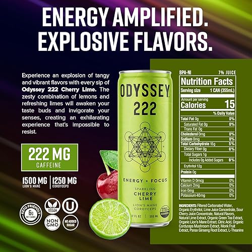 Miniatura 4 de Odyssey - Bebida energética 222, preentrenamiento, 222 mg de cafeína, bebidas energéticas limpias, L teanina, melena de león, cordyceps y té verde