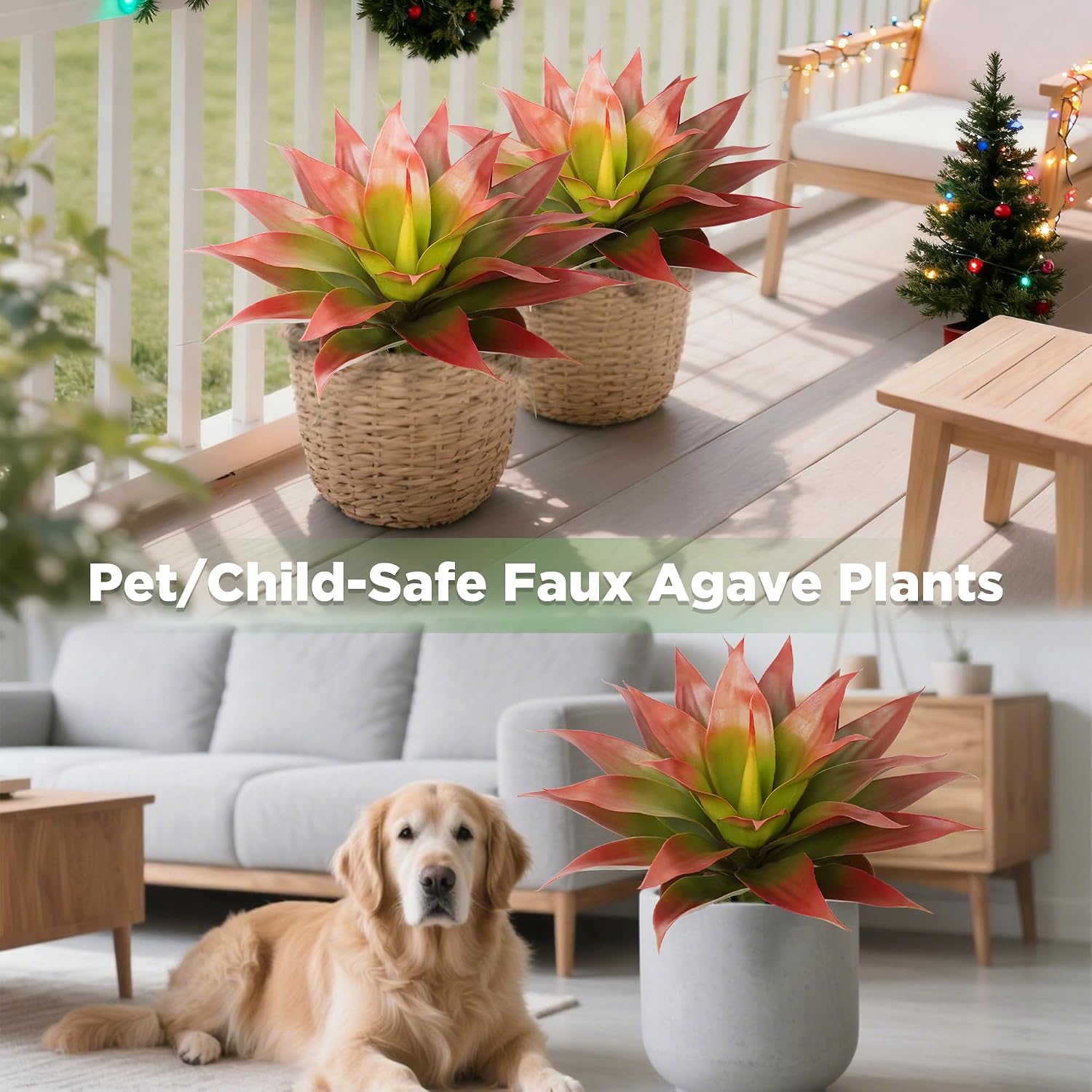 Mavis's Diary 25 Inch Red Artificial Agave Plants Outdoor, Faux Agave Succulents with Ground Stakes, UV Resistant Fake Plants for Outdoor Planters, Front Porch, Patio, Garden, 2 Pack