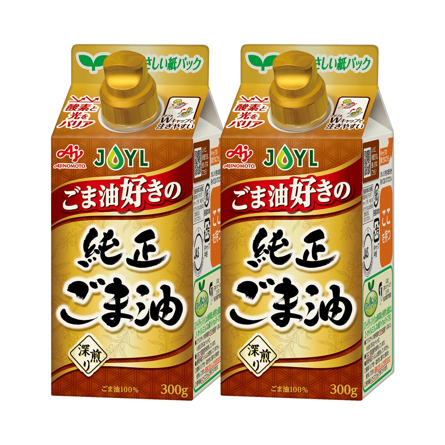 JOYL ごま油好きの 純正ごま油 (ゴマ油 100% 捨てやすい 紙容器) 味の素 J-オイルミルズ 紙パック 300g x 2本
