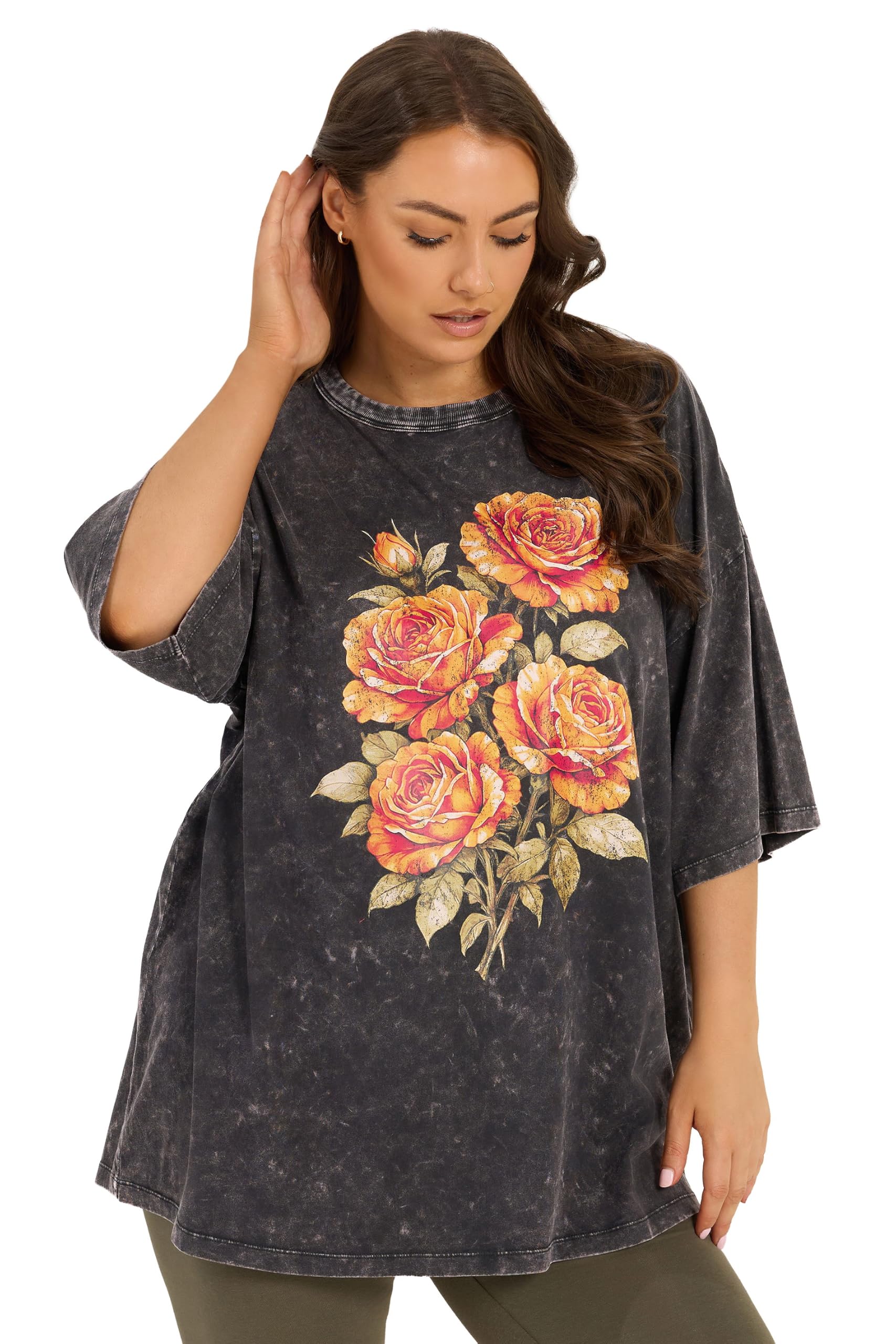 Yours Women's Charcoal Acid Wash Rose Boxy T-Shirt In | Size: 20