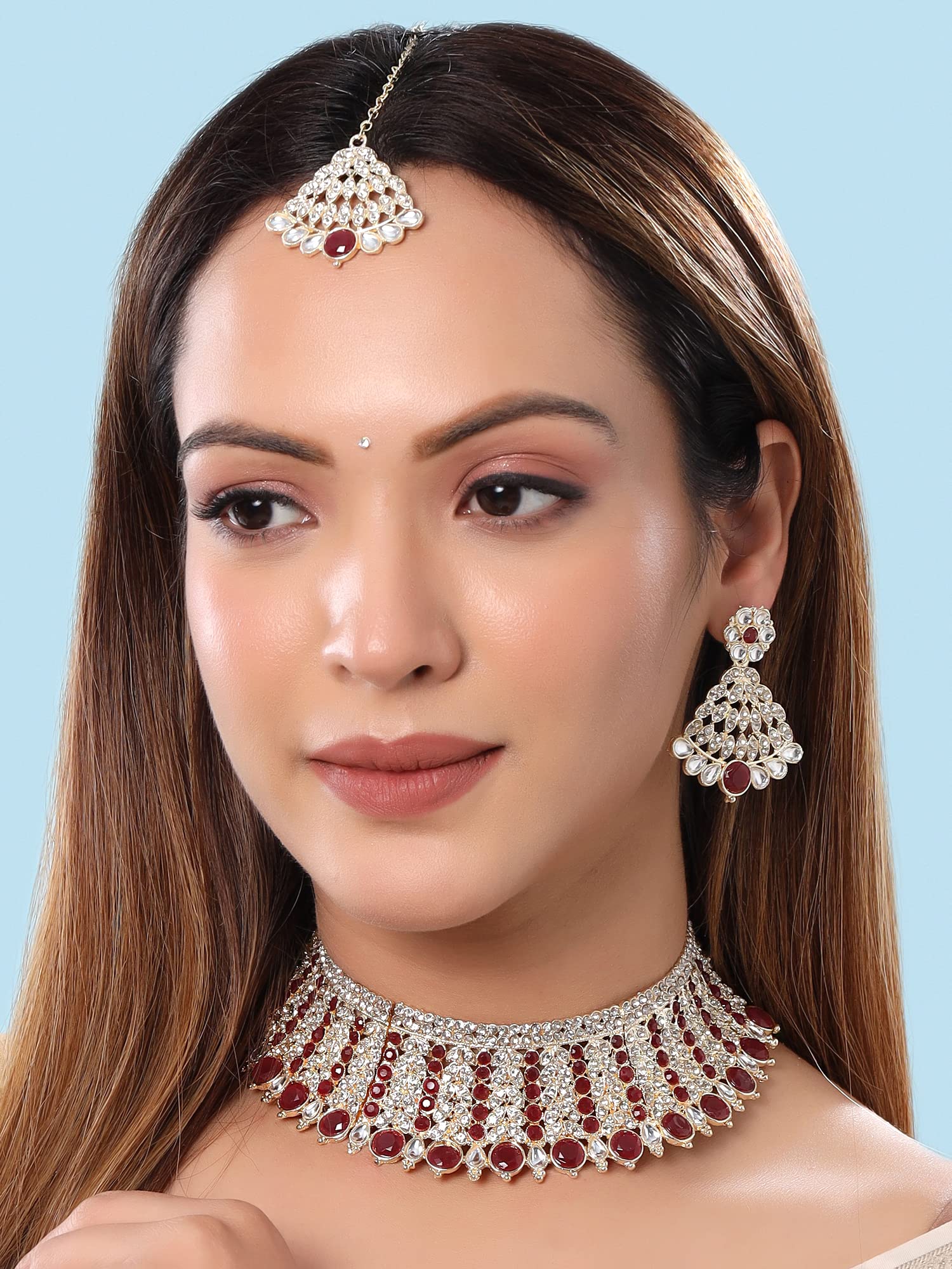 Women's Crystal Tone Red Broad Choker Necklace Set, Birthday Gift