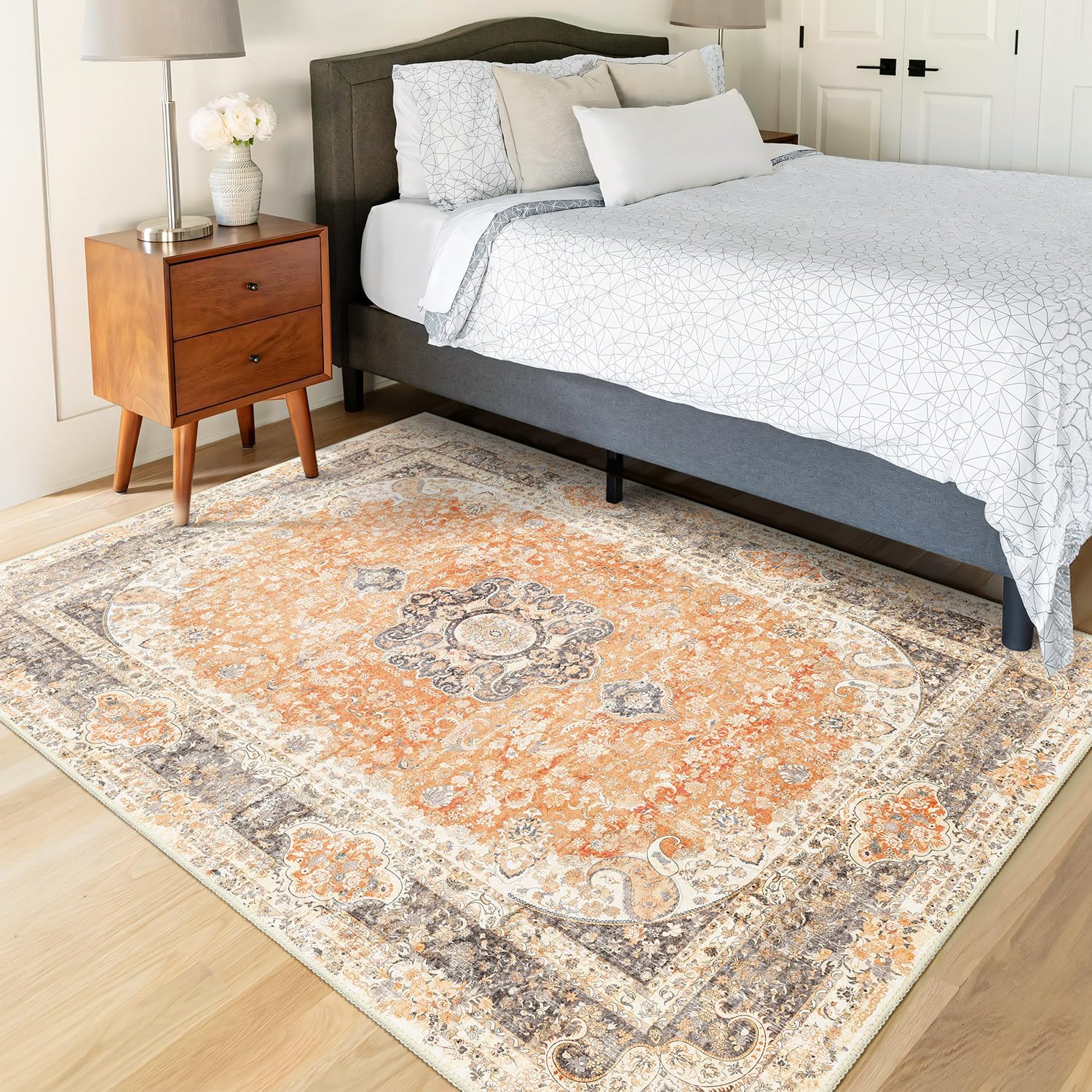 Boho Rug 3x5,Washable Area Rugs for Bedroom Living Room Kitchen Entryway,Small Vintage Bohemian Farmhouse Distressed Non Slip Carpet,Retro Orange Grey Floral
