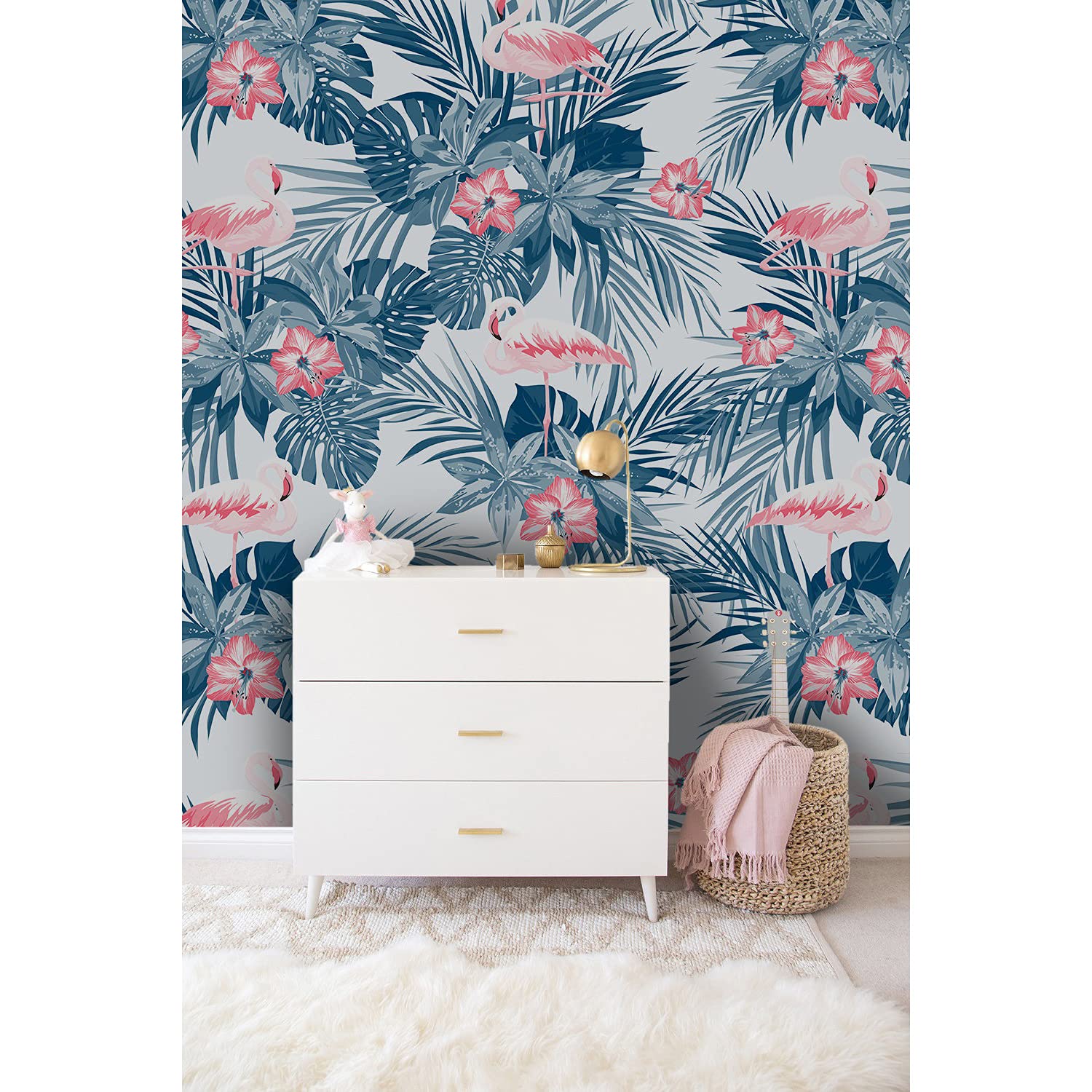 Papier peint auto-adhésif 312x219 stickers muraux flamingo tropical indigo chambre salon Coloray