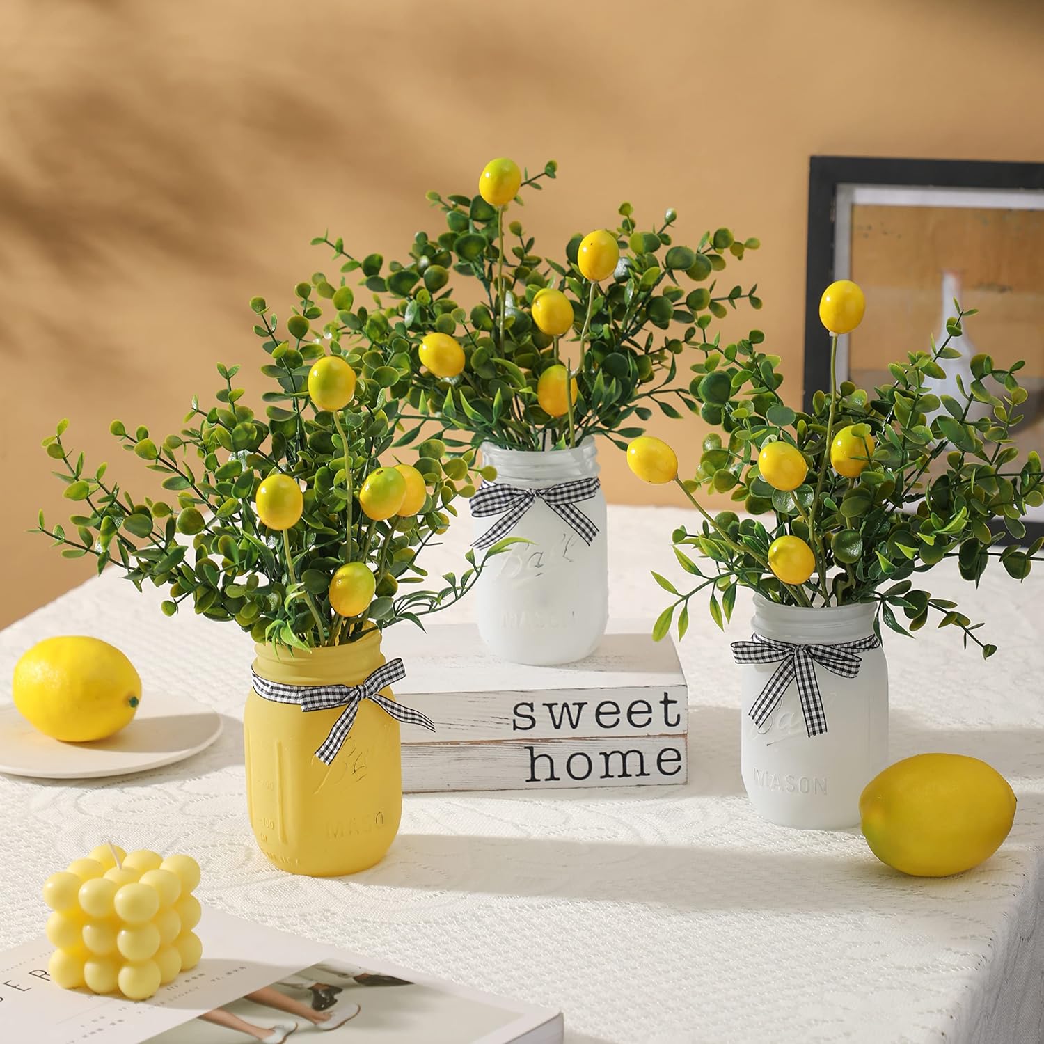 Lemon Mason Jars Centerpiece for Table, Wood Tray with 3 Painted Jars, Dining Coffee Table Centerpiece For Kitchen, Living Room, Spring & Summer Home Decor with Lemon