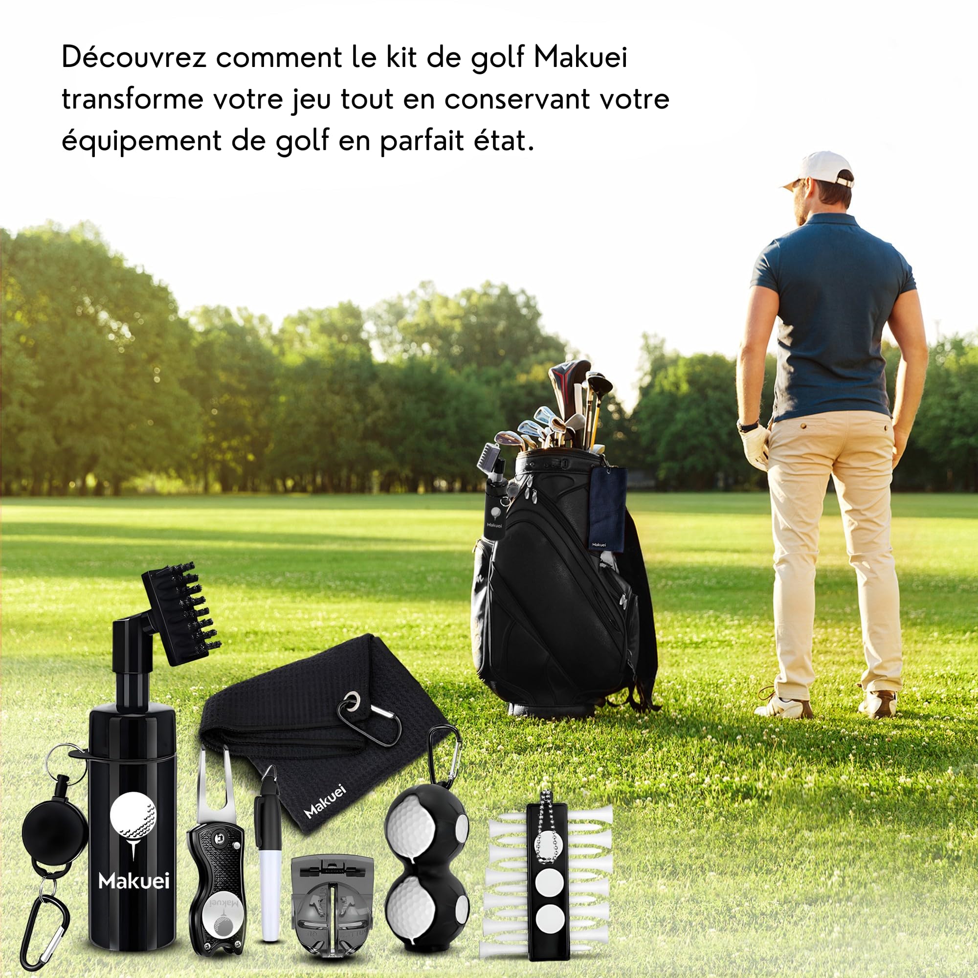 Makuei Accessoires de Golf idéaux pour Votre Sac de Golf - Brosse de Nettoyage de Club de Golf, Divot Tool, Serviette de Golf, Tees de Golf et Autres Accessoires de Golf - Le Cadeau de Golf idéal!