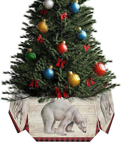 Collar de árbol de Navidad, 6 unidades de 14.5 x 10 pulgadas, anillo de árbol de Navidad, oso polar de Navidad, fondo de grano de madera a cuadros