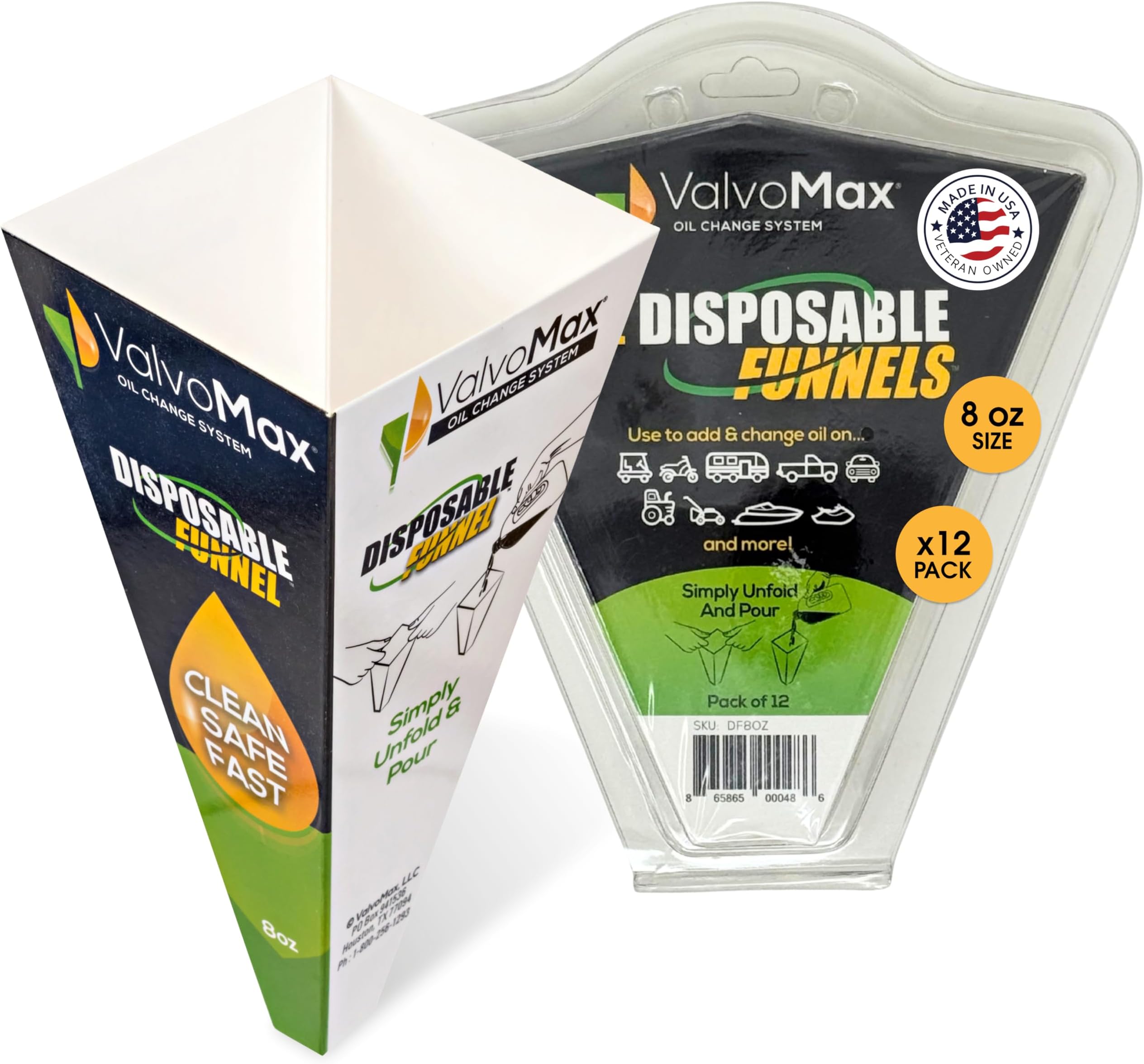 ValvoMax Disposable Funnels, 12-Pack (8oz) – Glossy Cardstock Paper Funnels for Oil Changes, Automotive Fluids, Coolant, and Household Liquids