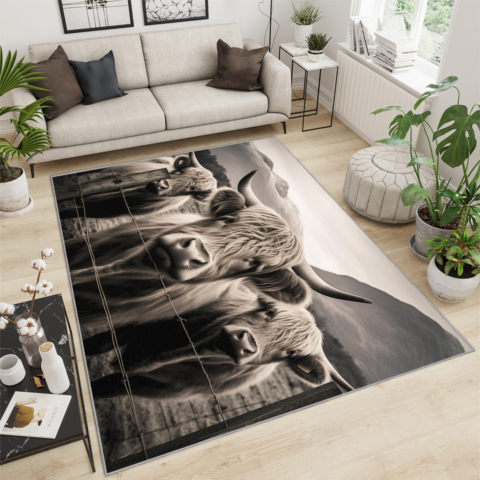 Highland Cow Teppich 80 x 120 cm – rutschfest, waschbar, Bauernhaus-Tier-Design, Indoor-Teppich für Schlafzimmer, lustiges süßes Kuh-Thema für Kinder, Jugendliche und Jungen, grau-weiße