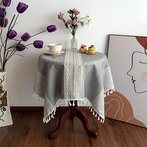 Gernaice Mantel pequeño con borlas a rayas de granja, tela de lino resistente, sin arrugas, mantel cuadrado bordado para cocina, comedor, fiesta,