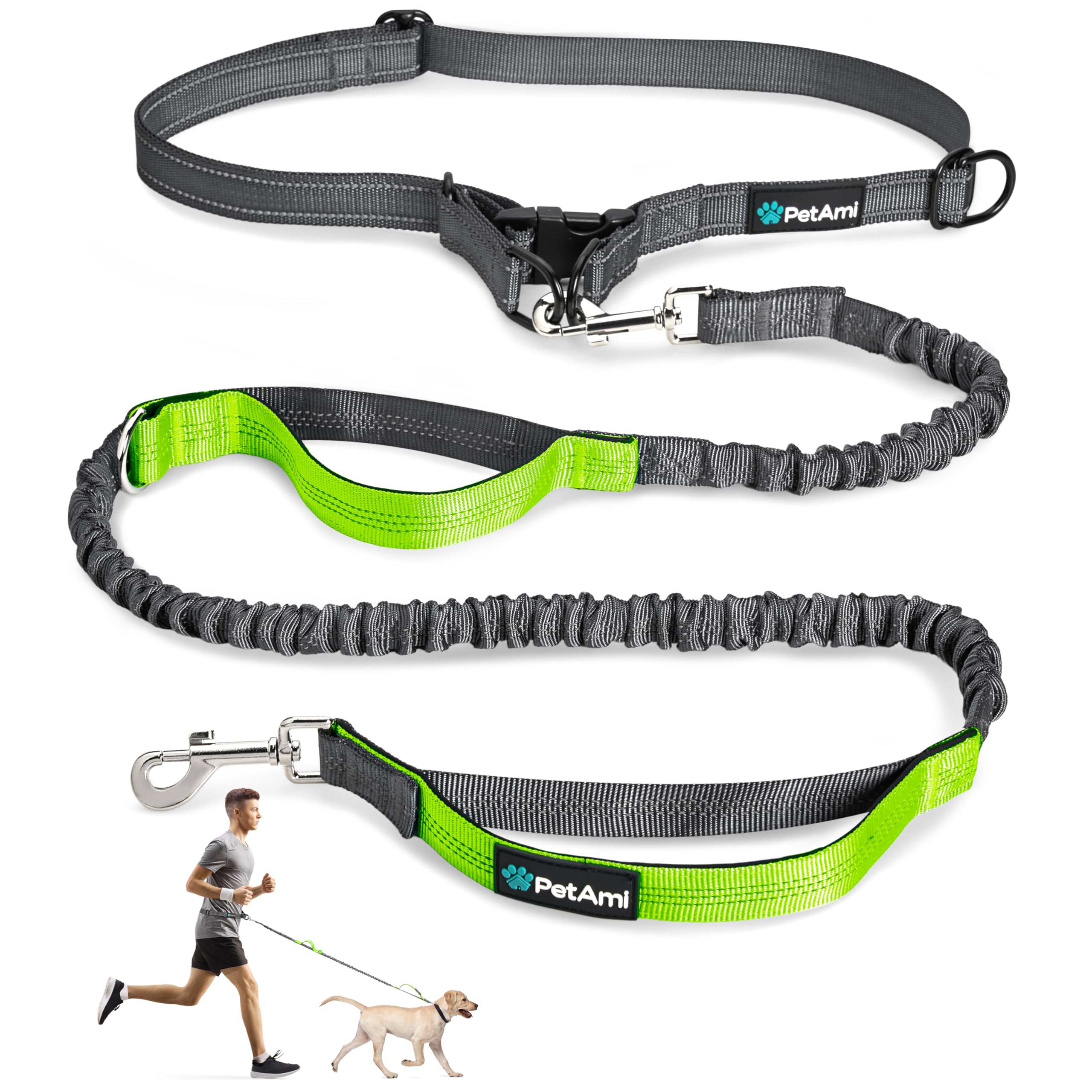 PetAmi Hands-Free Dog Leash for Walking, Running & Hiking, Heavy Duty Bungee Waist Leash with Dual Padded Handles, Adjustable Reflective Belt for Small, Medium & Large Dogs up to 150 lbs, Green