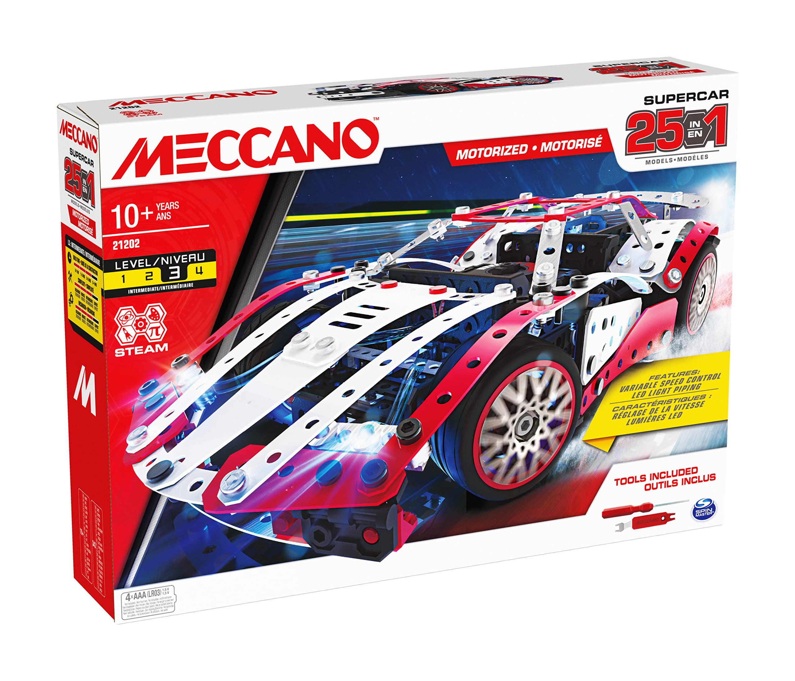 MECCANO, Multimodello da 25 Supercar motorizzata, Kit di Costruzioni con 347 Pezzi, Attrezzi e fari funzionanti - dai 10 Anni