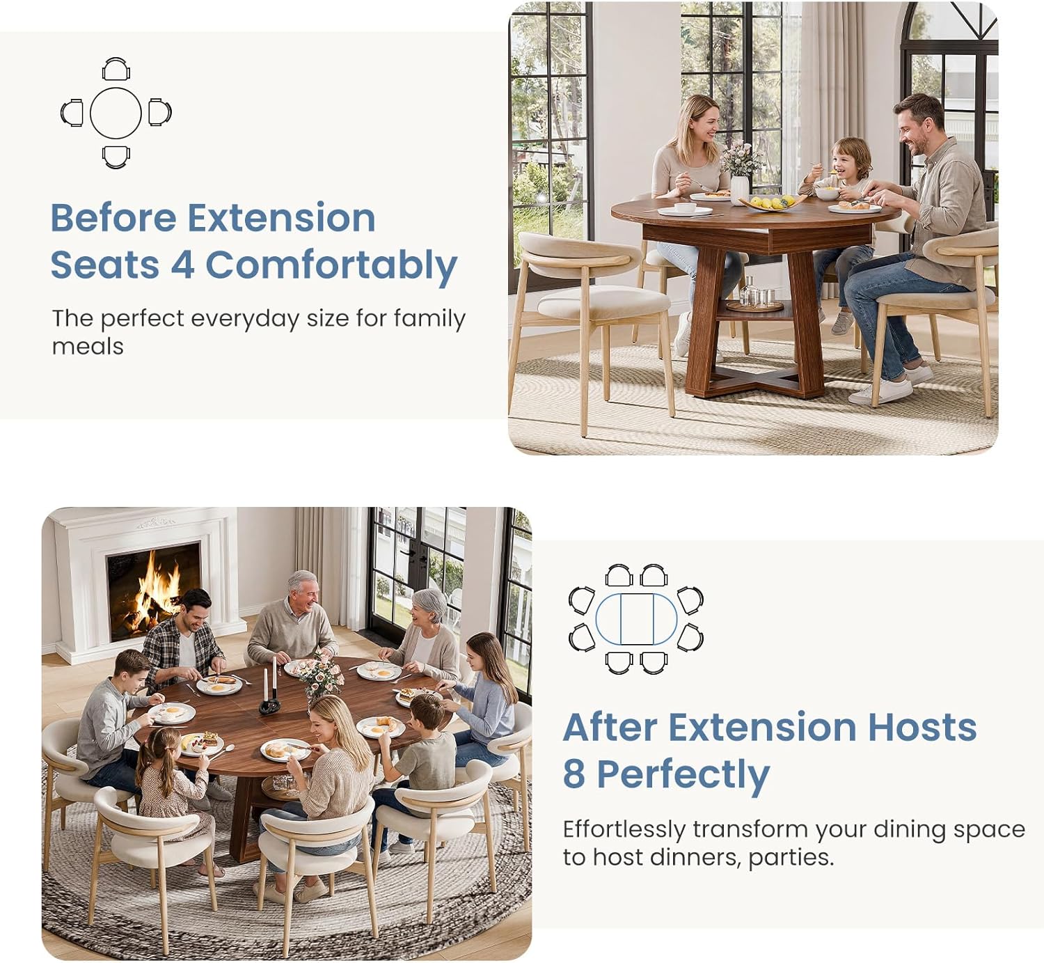 DUMOS Extendable Round Dining Table for 4-8, Modern Kitchen Oval Dinner Table with Storage Shelf, Wood Pedestal Table, Space Saving Modern Style, Brown