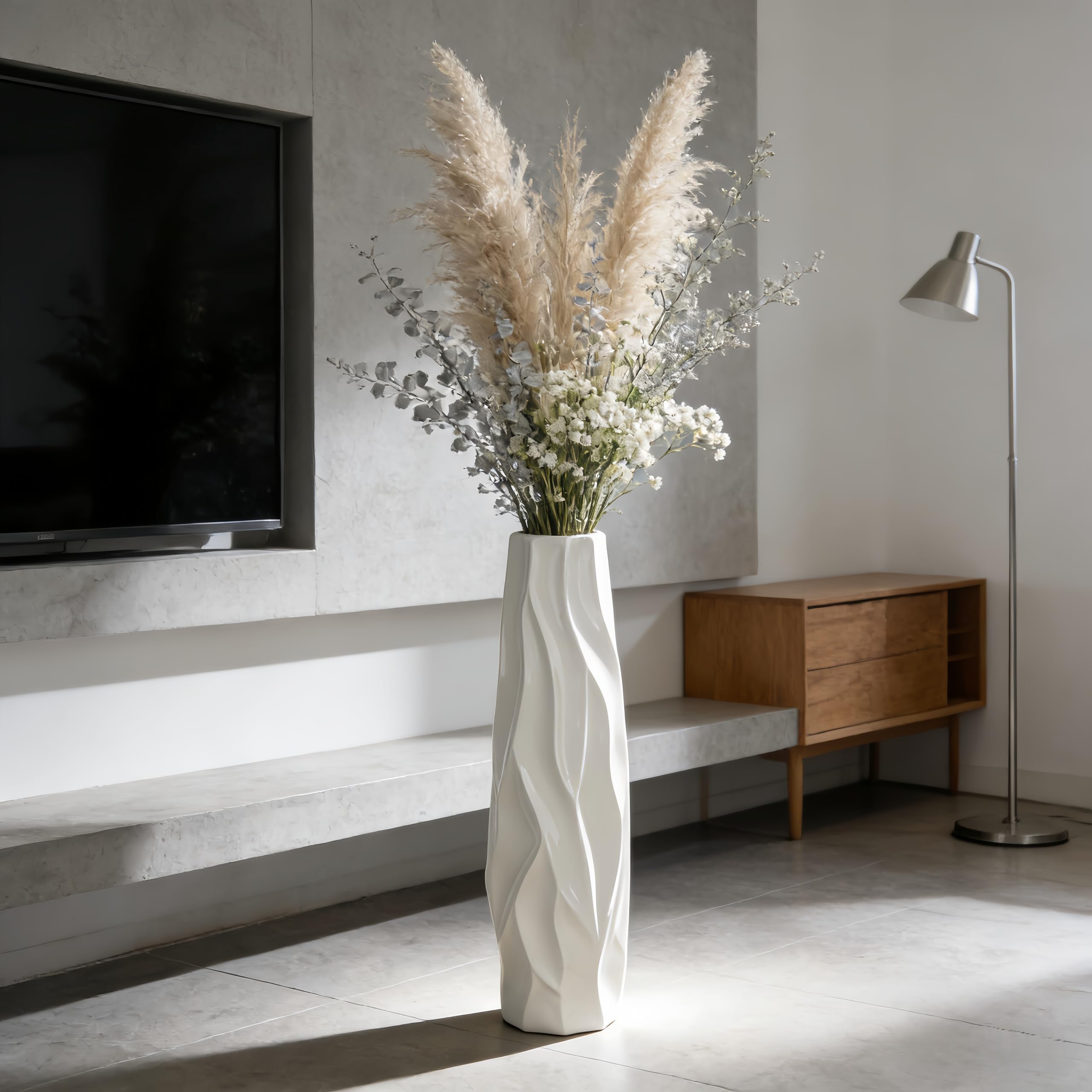 Jarrón grande de cerámica blanca de 60 cm para salón, oficina y dormitorio, elegante jarrón de flores para hierba de las Pampas