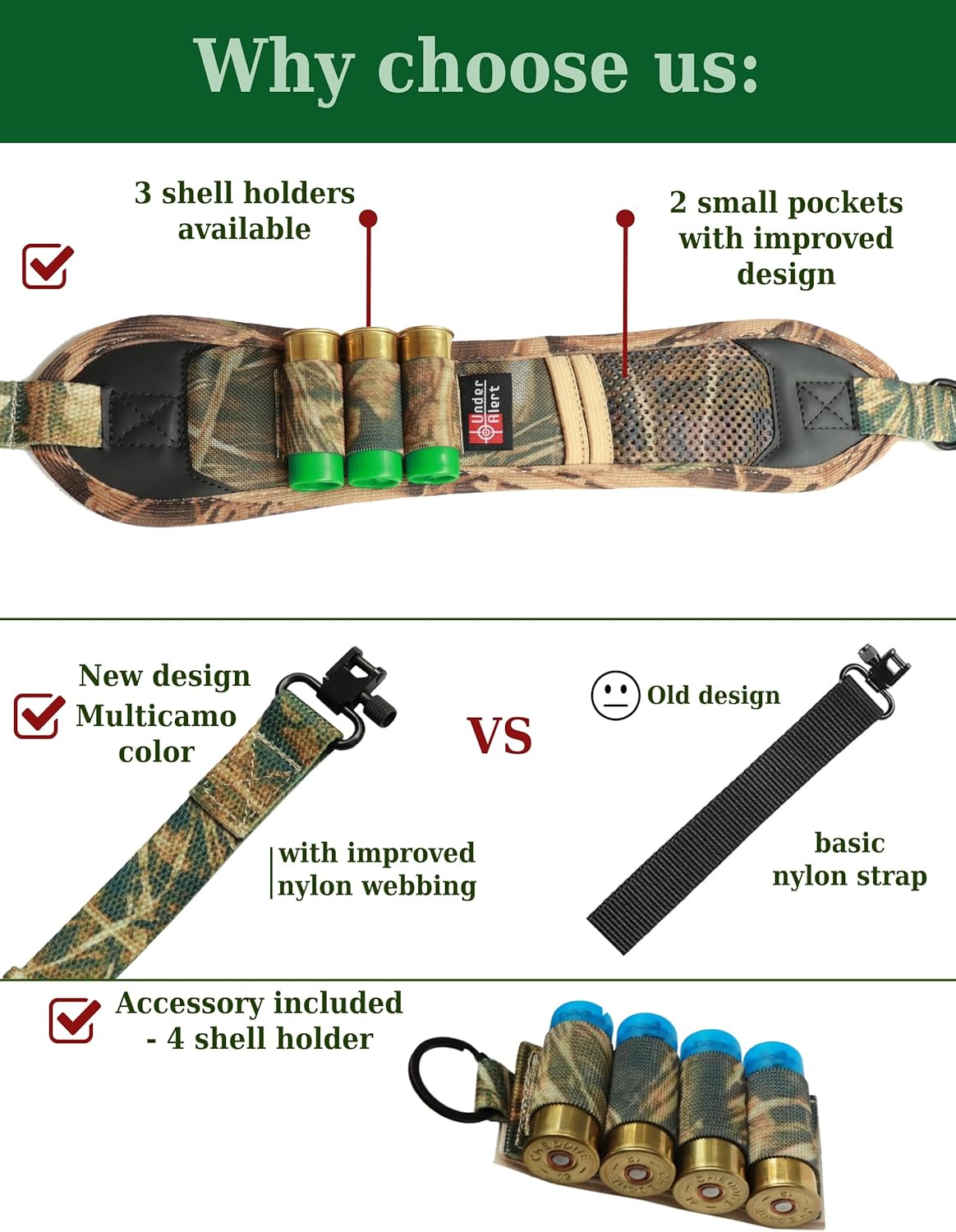 Gun Sling for 12 Gauge with 3 Shell Holders, Adjustable 12ga Shotgun Sling with Swivels, 2 Point Strap for Turkey & Waterfowl Hunting, Compatible with Mossberg 500 & 590 and Remington 870 Accessories