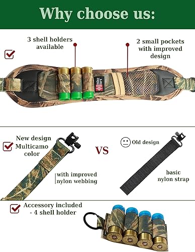 Miniatura 5 de Eslinga de pistola para escopeta 12ga con 3 soportes de concha, eslingas de pistola para caza de rifles, correa de pistola para escopeta, honda de