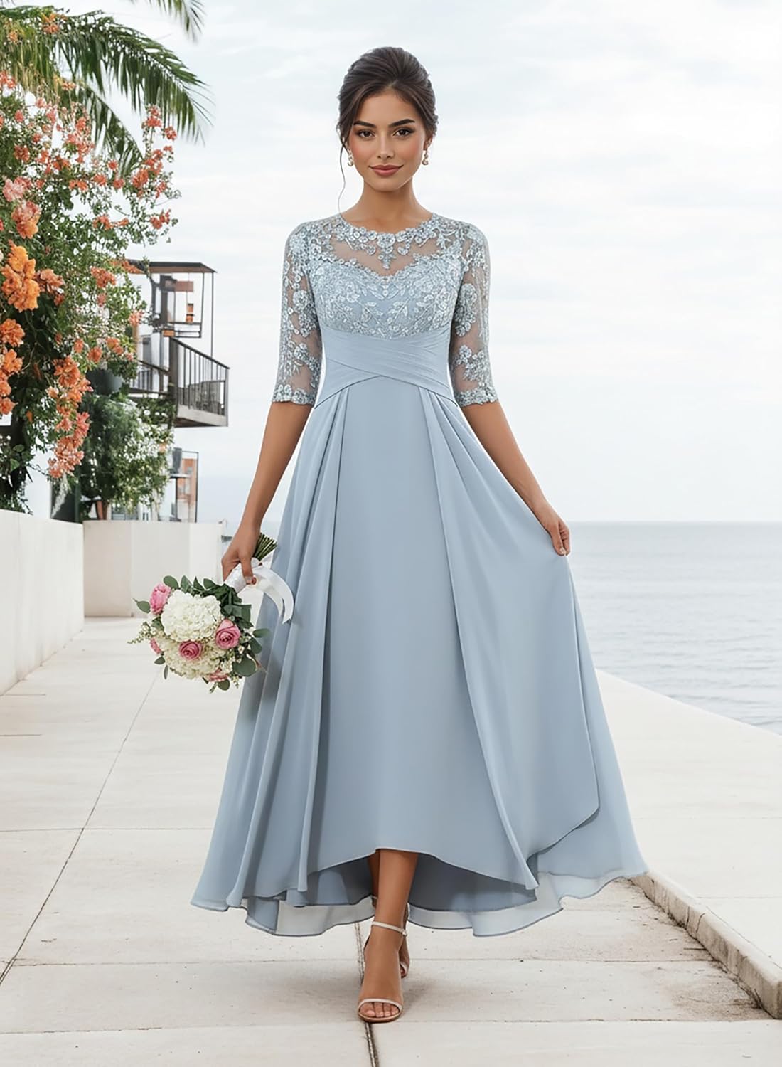 Ankle Length Mother of The Bride Dresses for Women Lace Appliques Chiffon Long Formal Evening Gown with Sleeves - Image 5