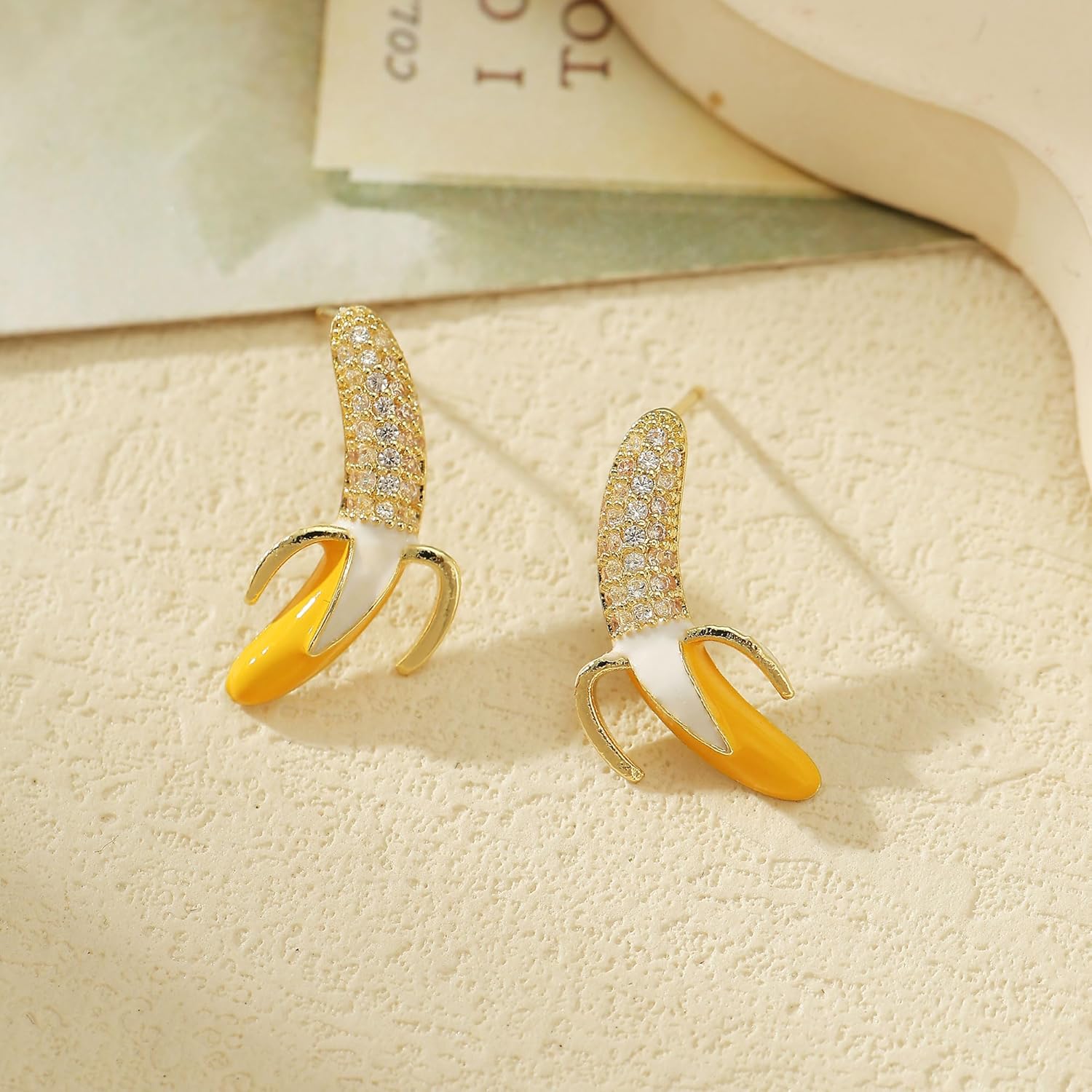 Yellow Summer Fruit Banana Earrings Small Cute Rhinestone Stud Earrings for Women - Image 2